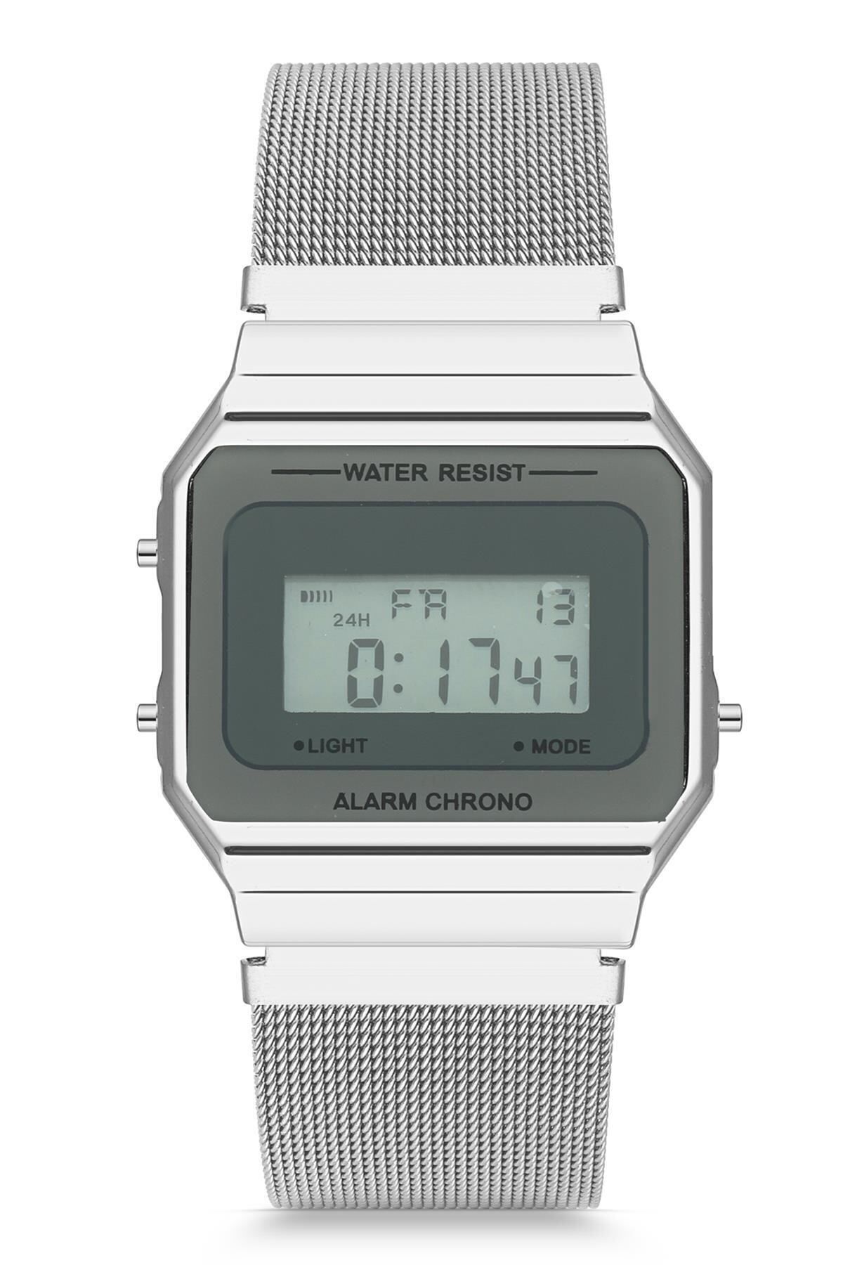 Onouqo Erkek Hasır Kordon Retro Dijital Saat - Gümüş
