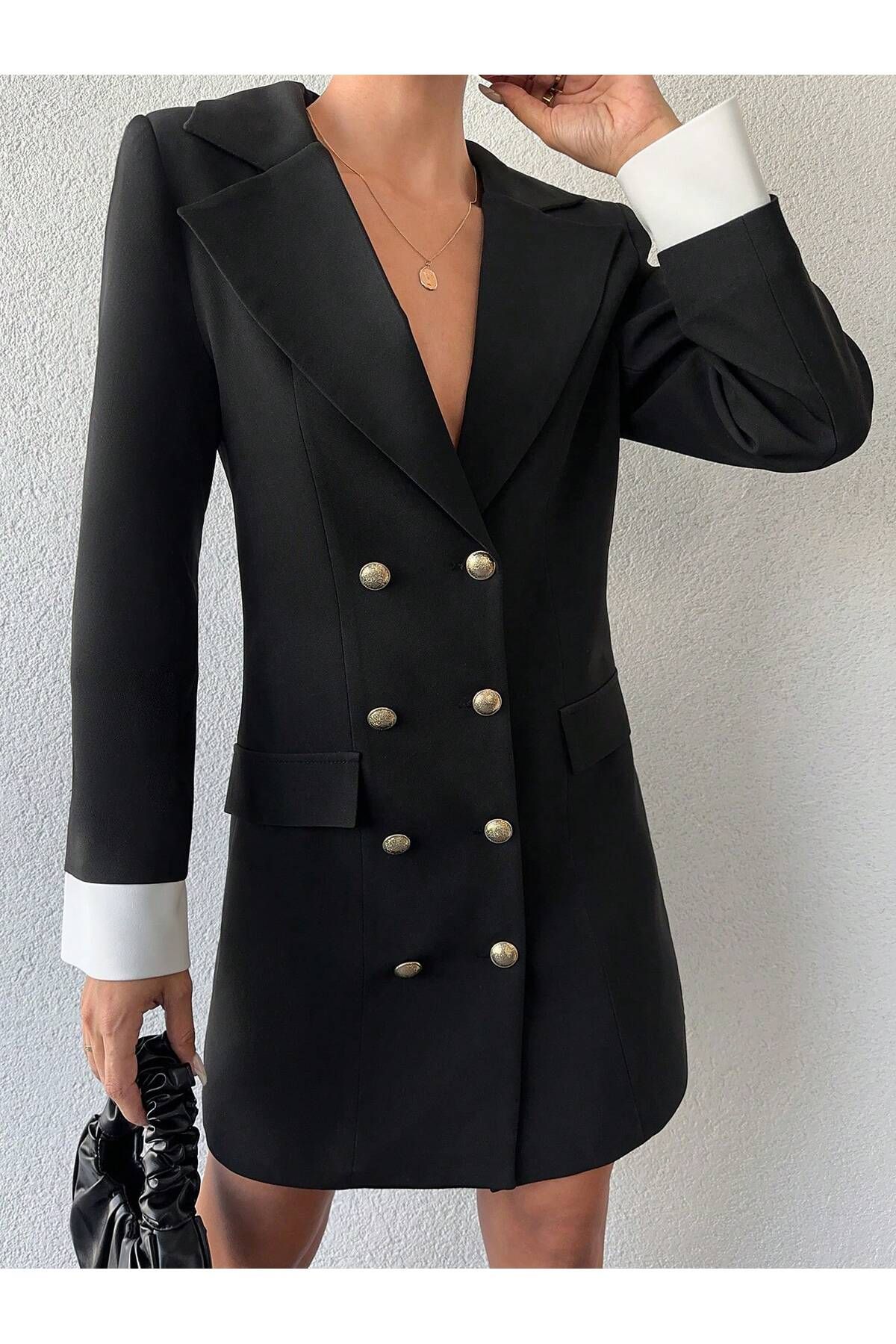 Female Clothing Siyah Düğmeli Astarlı Mini Ceket Elbise