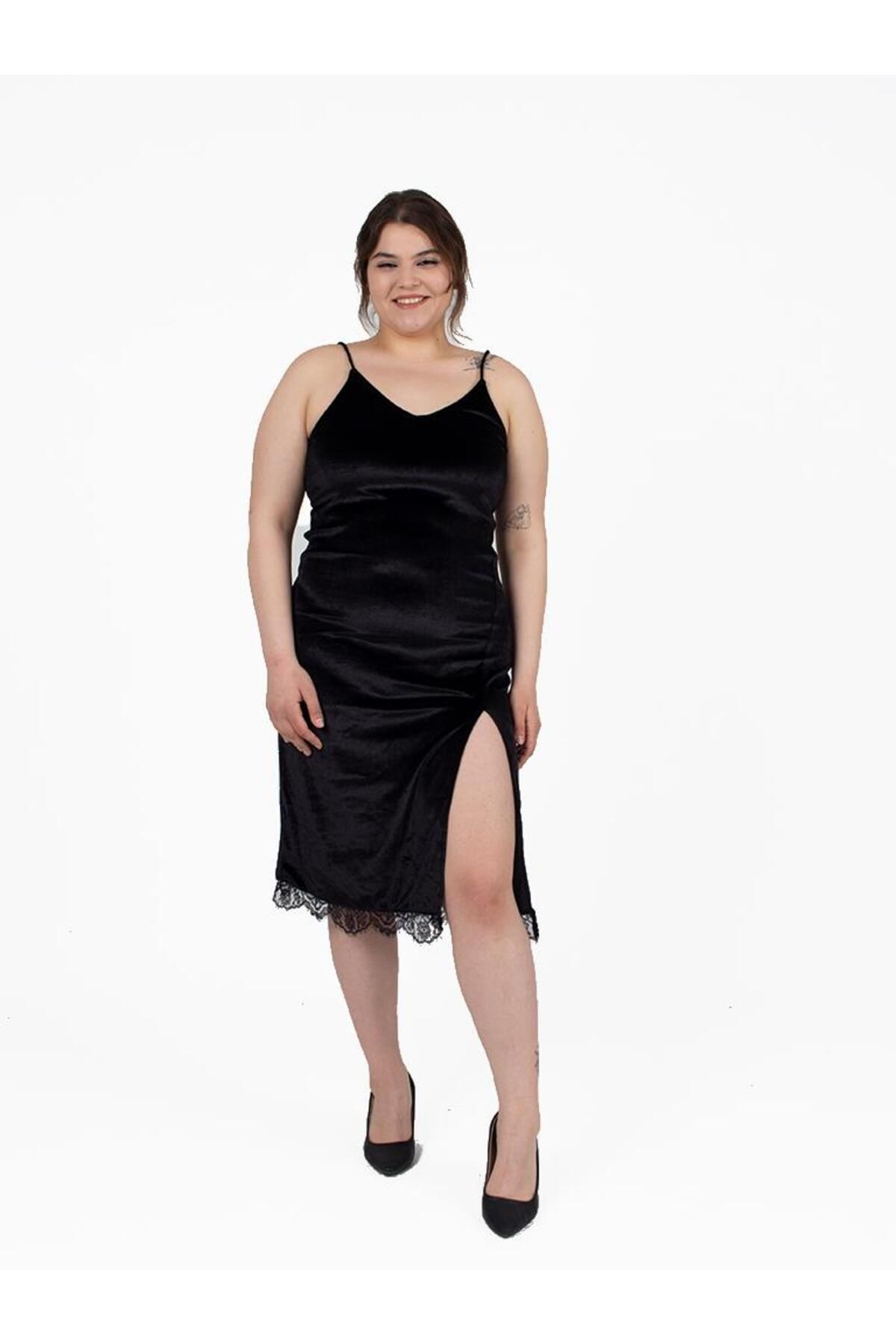 Truva XXL Büyük Beden Kadın Giyim Kadife Askılı Elbise Siyah Elb483
