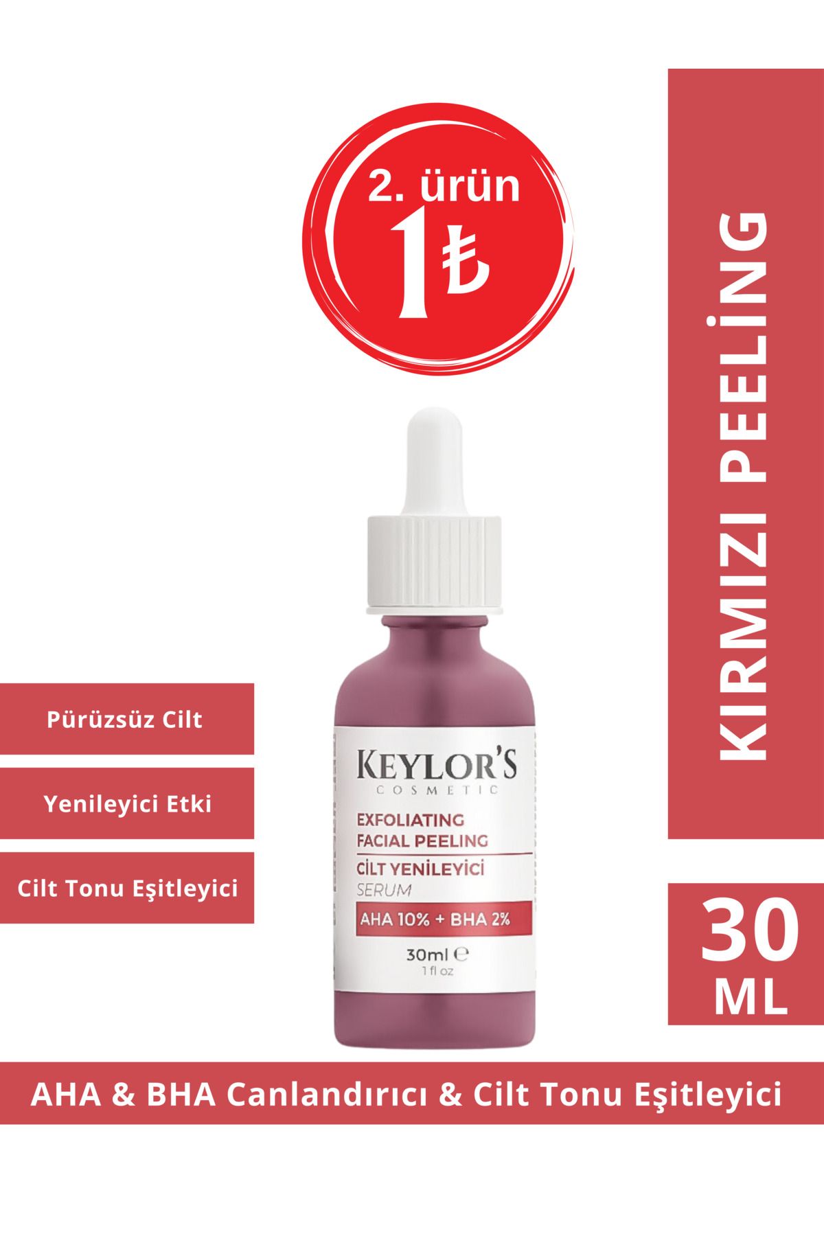 Keylor's Cosmetic Aha 10% & Bha 2% Kırmızı Peeling Serum 30 ml | Canlandırıcı Ve Cilt Tonu Eşitleyici