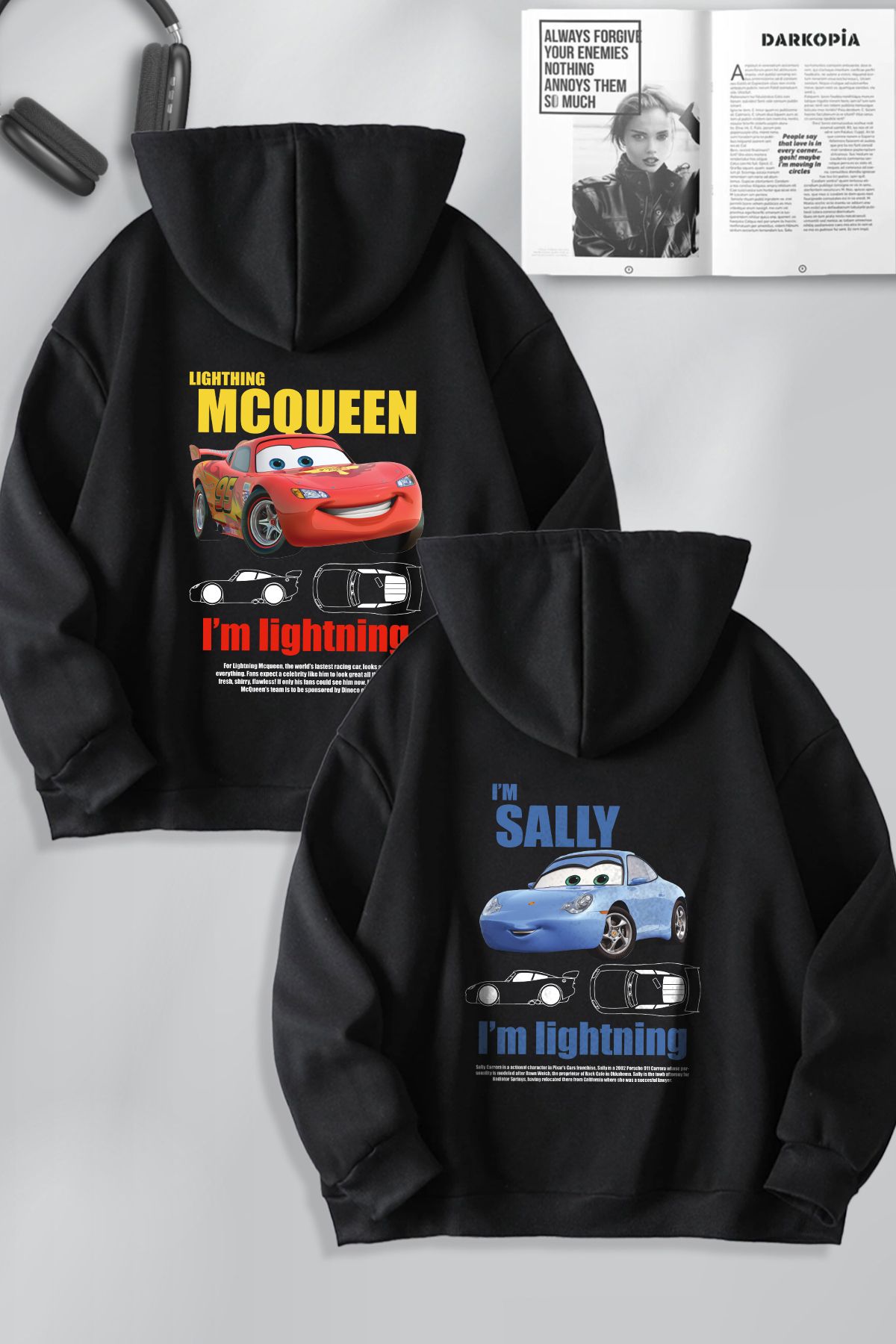 macklin Sevgili Çift Kombin Şimşek McQueen ve Sally Baskılı Özel Tasarım Kapüşonlu Sweatshirt 2li Set Takım