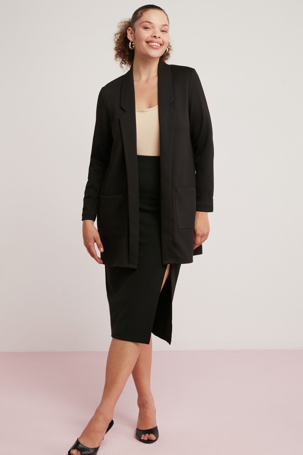 ETHIQUET Nora Kadın Örme Çelikli Interlok Kumaşlı Takma Cepli Şal Yakalı Uzun Siyah Ceket
