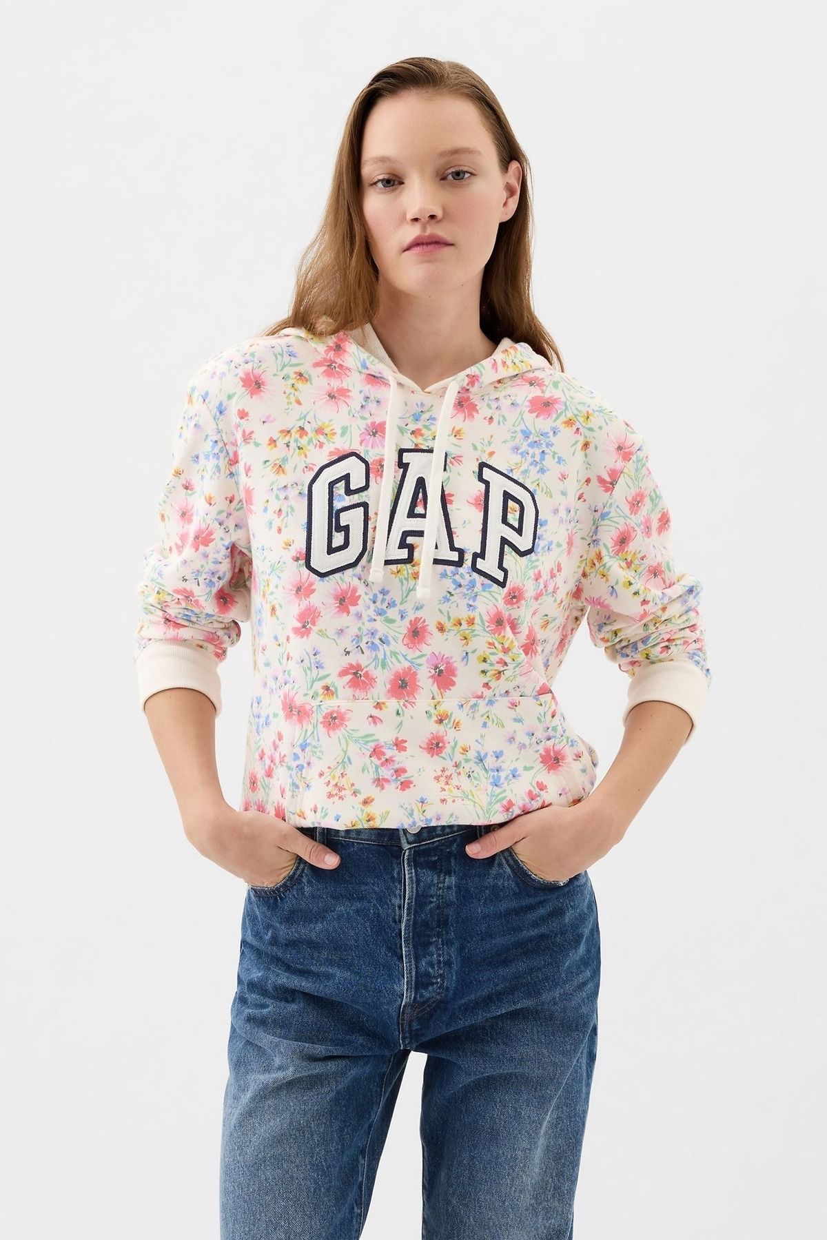 GAP Kadın Çok Renkli Çiçek Desenli Gap Logo Fransız Havlu Kumaş Sweatshirt
