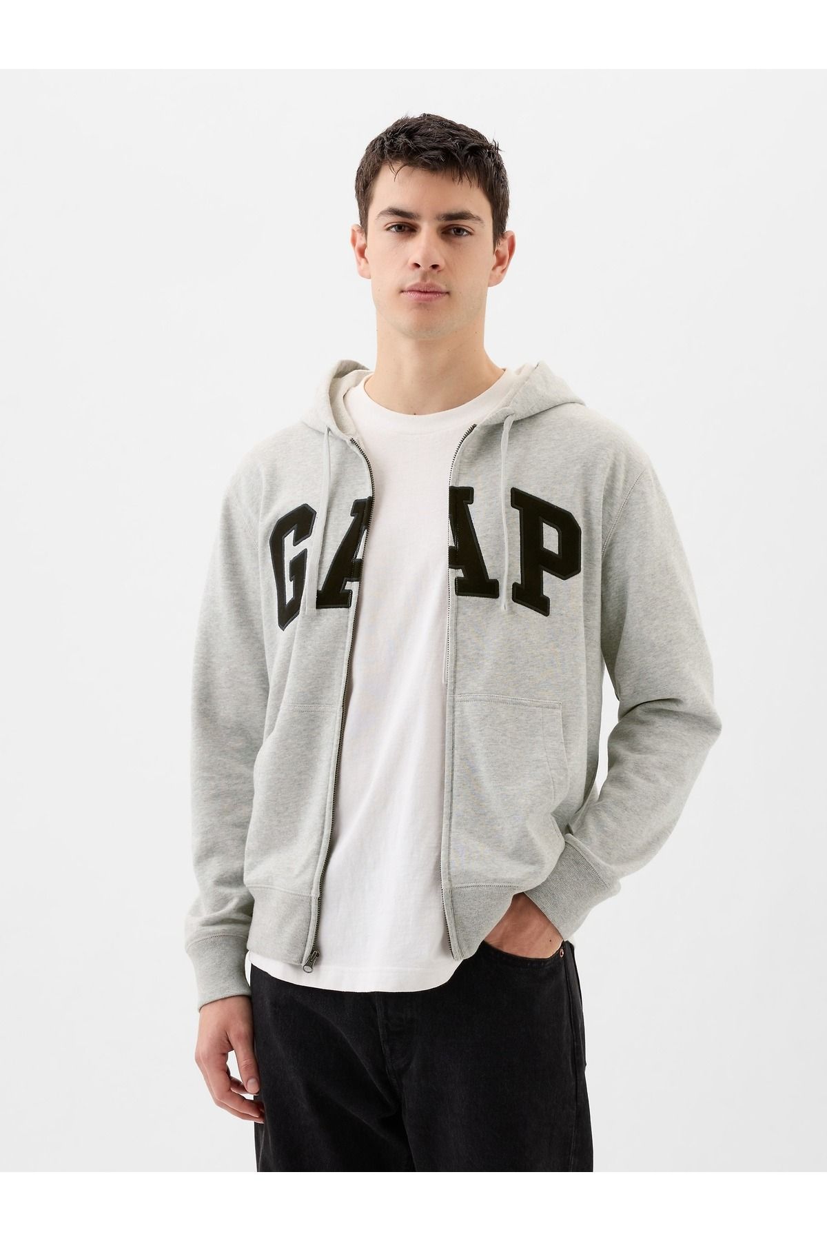 GAP Erkek Gri Gap Logo Fermuarlı Fransız Havlu Kumaş Sweatshirt