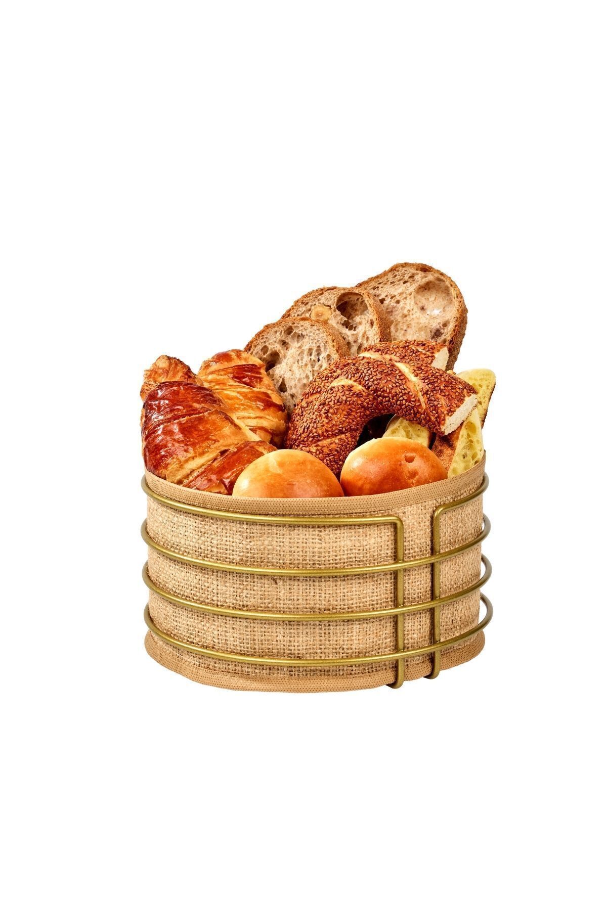 Edora Home Gold Yuvarlak Ekmek Sepeti Jüt Kumaş Bezi, Renkli Sunum Sepet Ekmeklik - Çok Amaçlı Metal Paslanmaz
