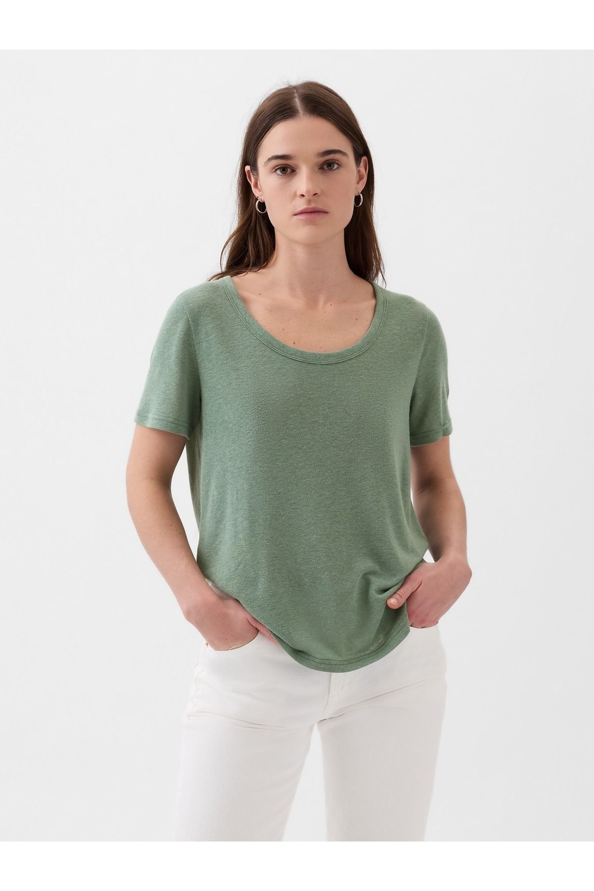GAP Kadın Yeşil Keten Karışımlı T-Shirt