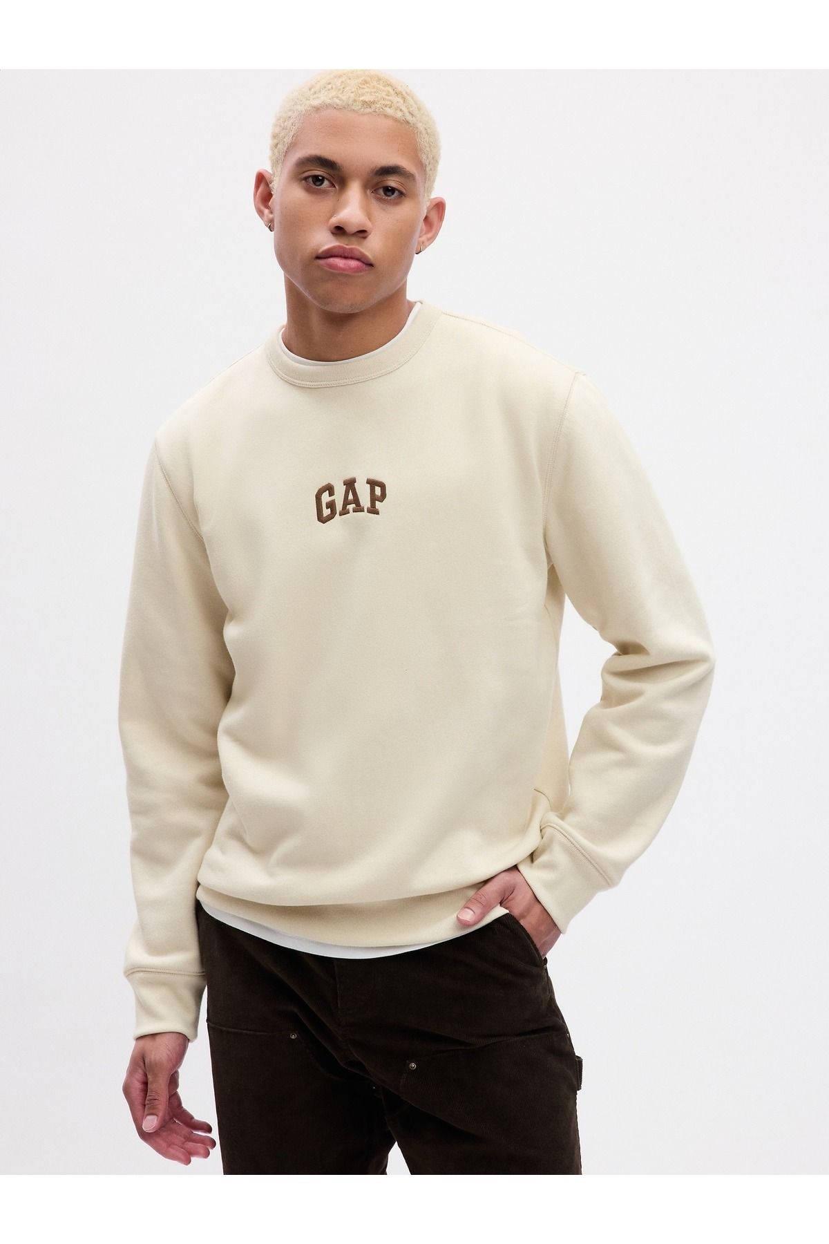 GAP Erkek Bej Gap Logo Fleece Sweatshirt