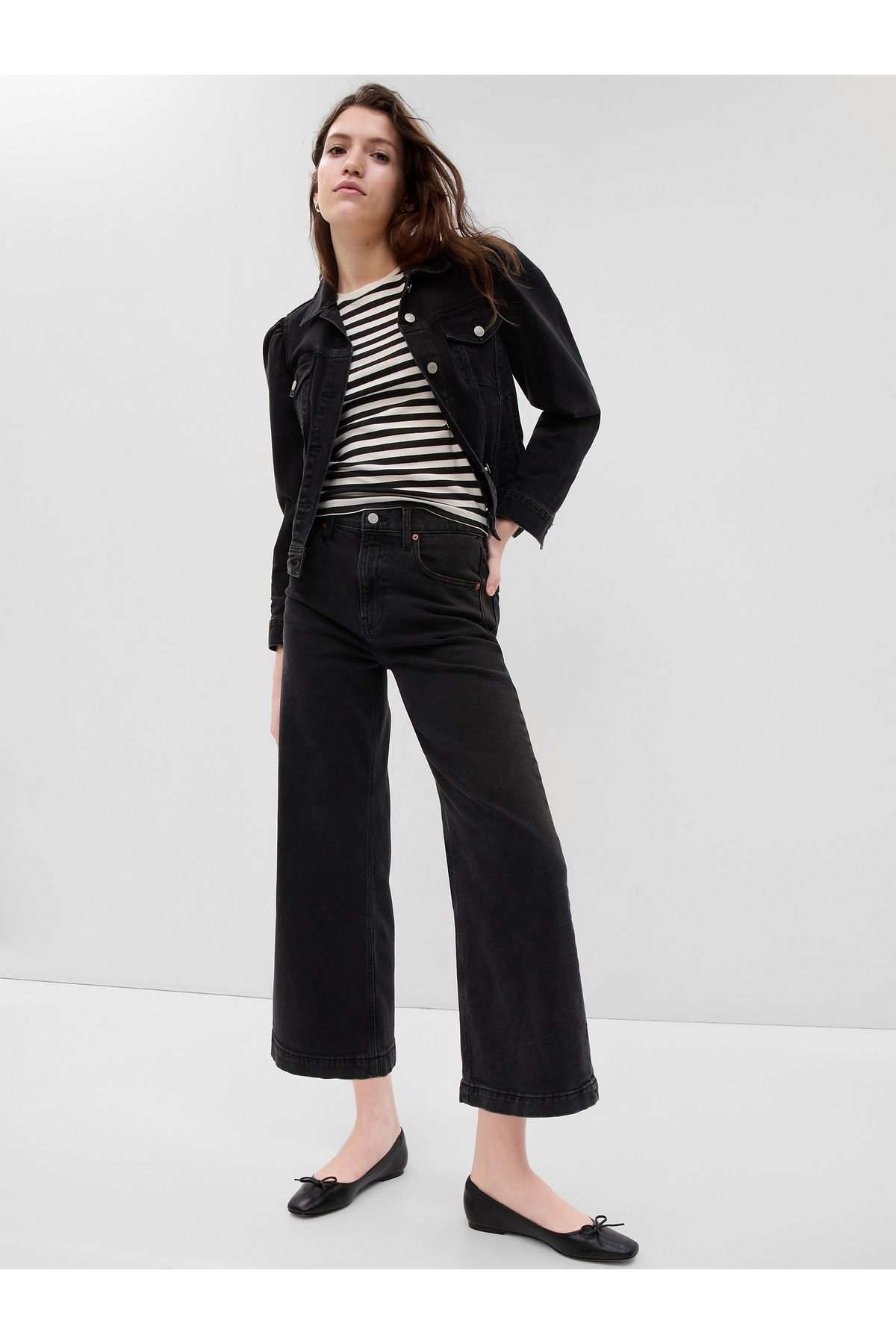 GAP Kadın Siyah High Rise Stride Wide-Leg Ankle Jean Pantolon