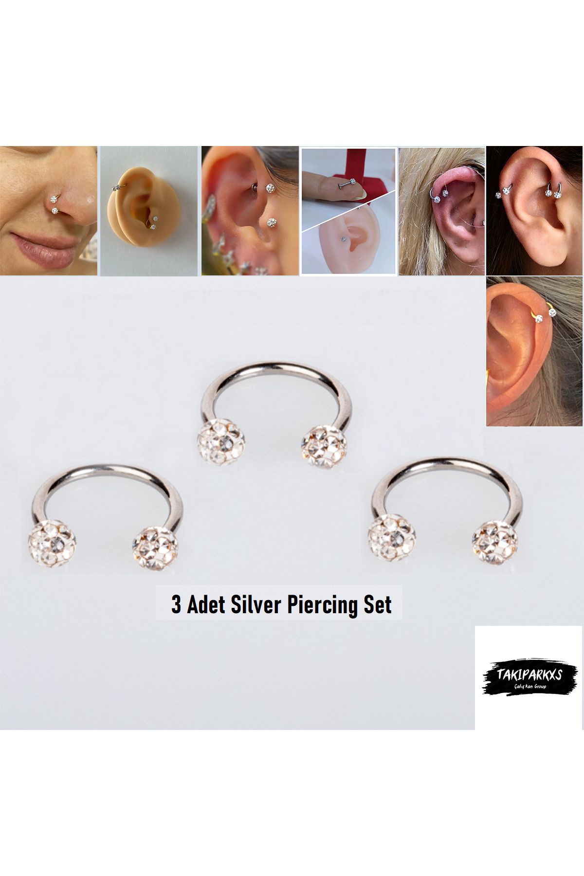 Takıparkxs Kadın 316l Cerrahi Çelik Üçlü Set (6mm) Shambala Taşlı Septum Piercing