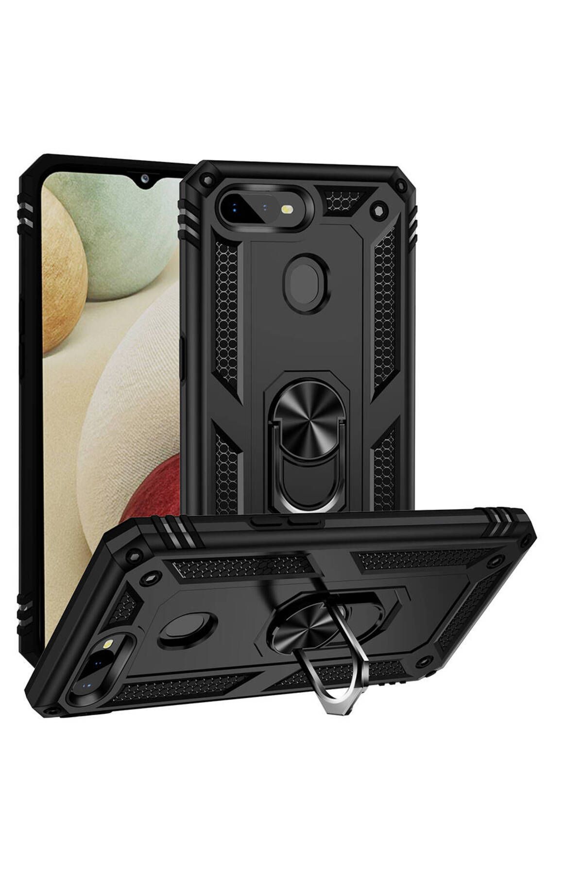 Rivor Oppo AX7/A5S/A12 Uyumlu Kılıf Kamera Korumalı Armour Yüzüklü Standlı Koruyucu Tank Kapak