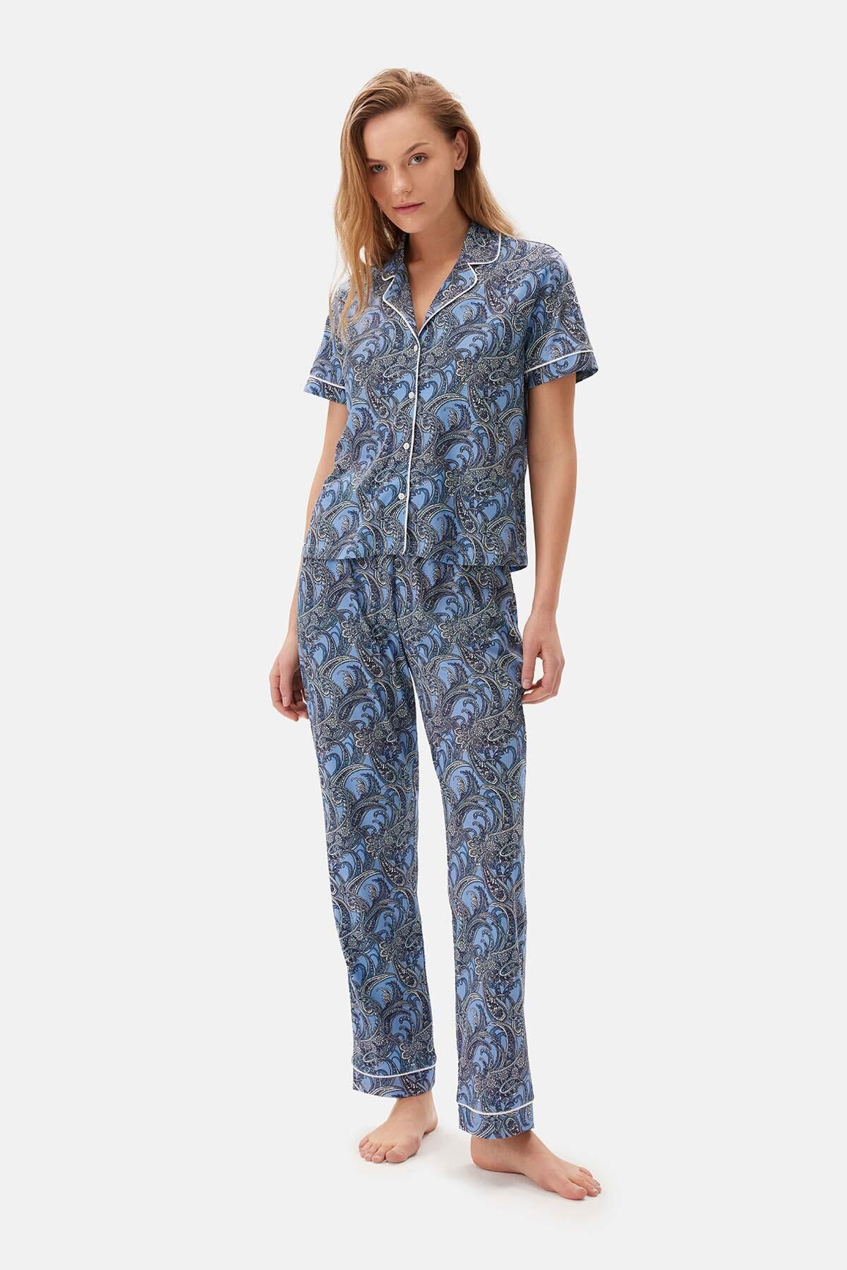 Dagi Mavi Şal Desenli Gömlek Pantolon Pijama Takımı