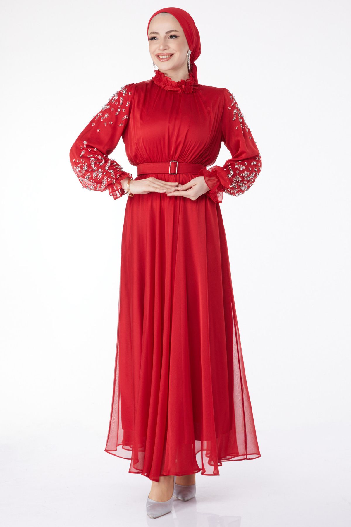 TOFİSA Düz Hakim Yaka Kadın Kırmızı Kol Ve Omuz Taş Detaylı Abiye Elbise - 24901