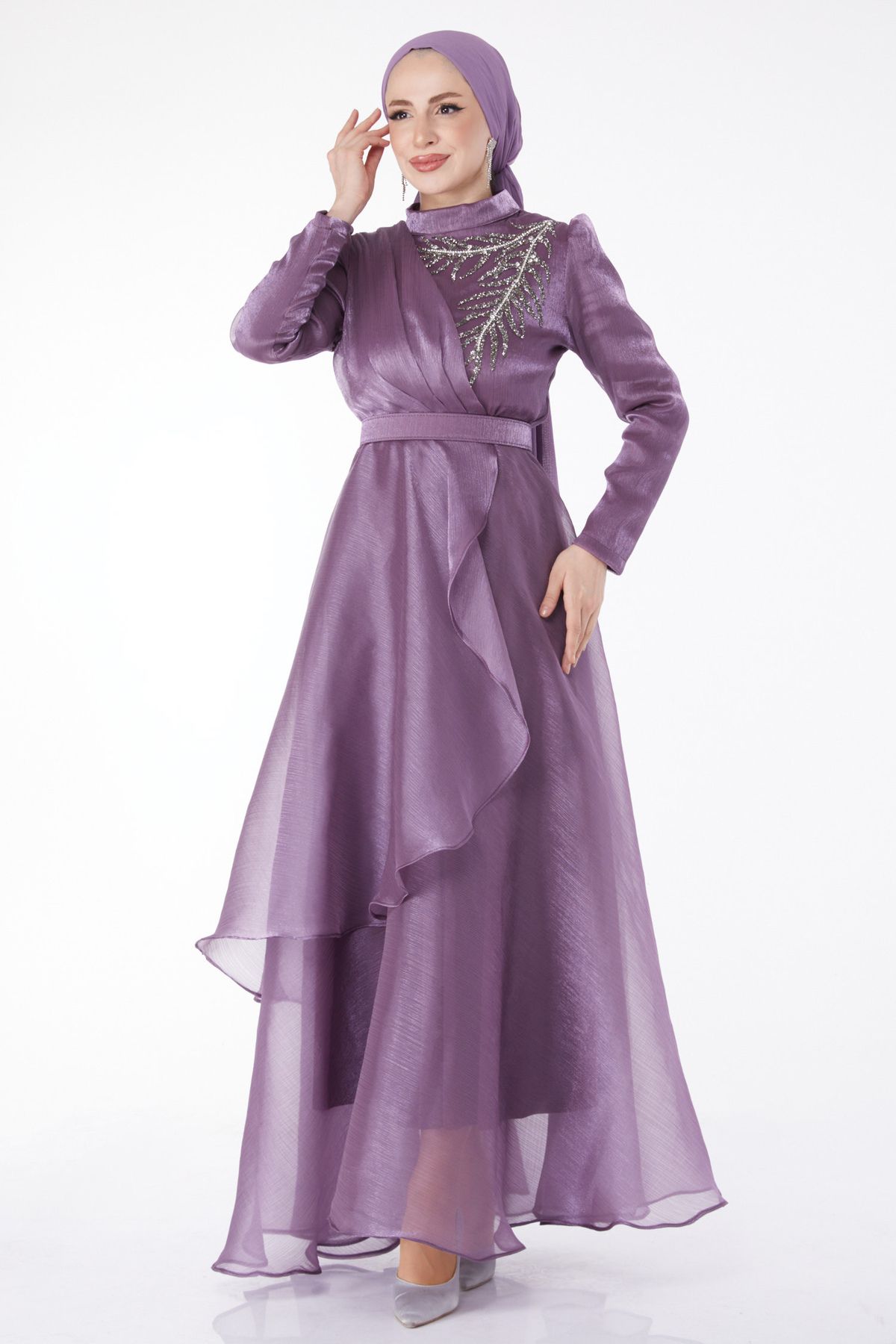 TOFİSA Düz Hakim Yaka Kadın Lila Işıltılı Taş Detaylı Abiye Elbise - 24902