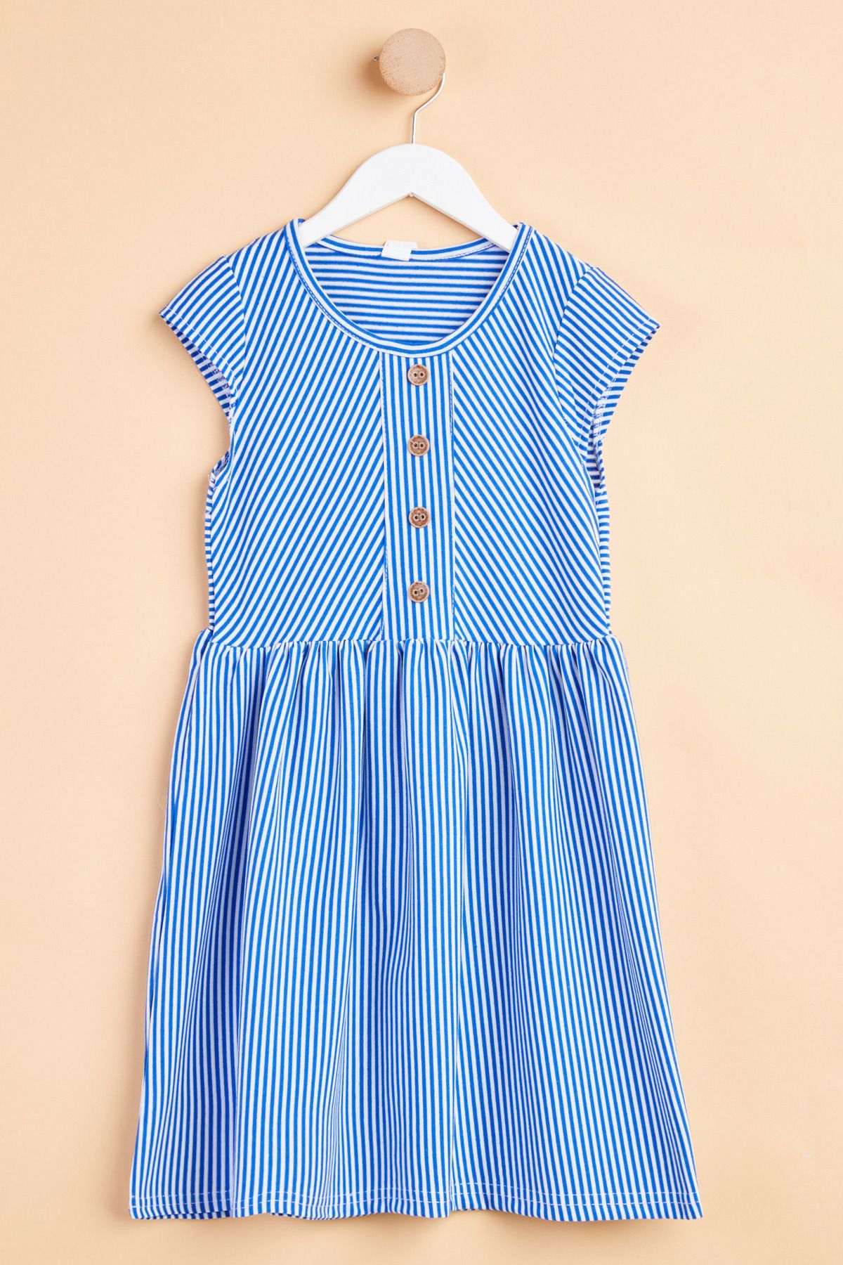 TOFİSA Kız Çocuk Mavi Çizgili Kısa Kollu Elbise - 24943