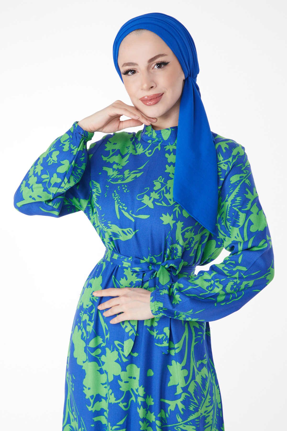 TOFİSA Düz Hakim Yaka Kadın Mavi Kuşaklı Desenli Elbise - 24861
