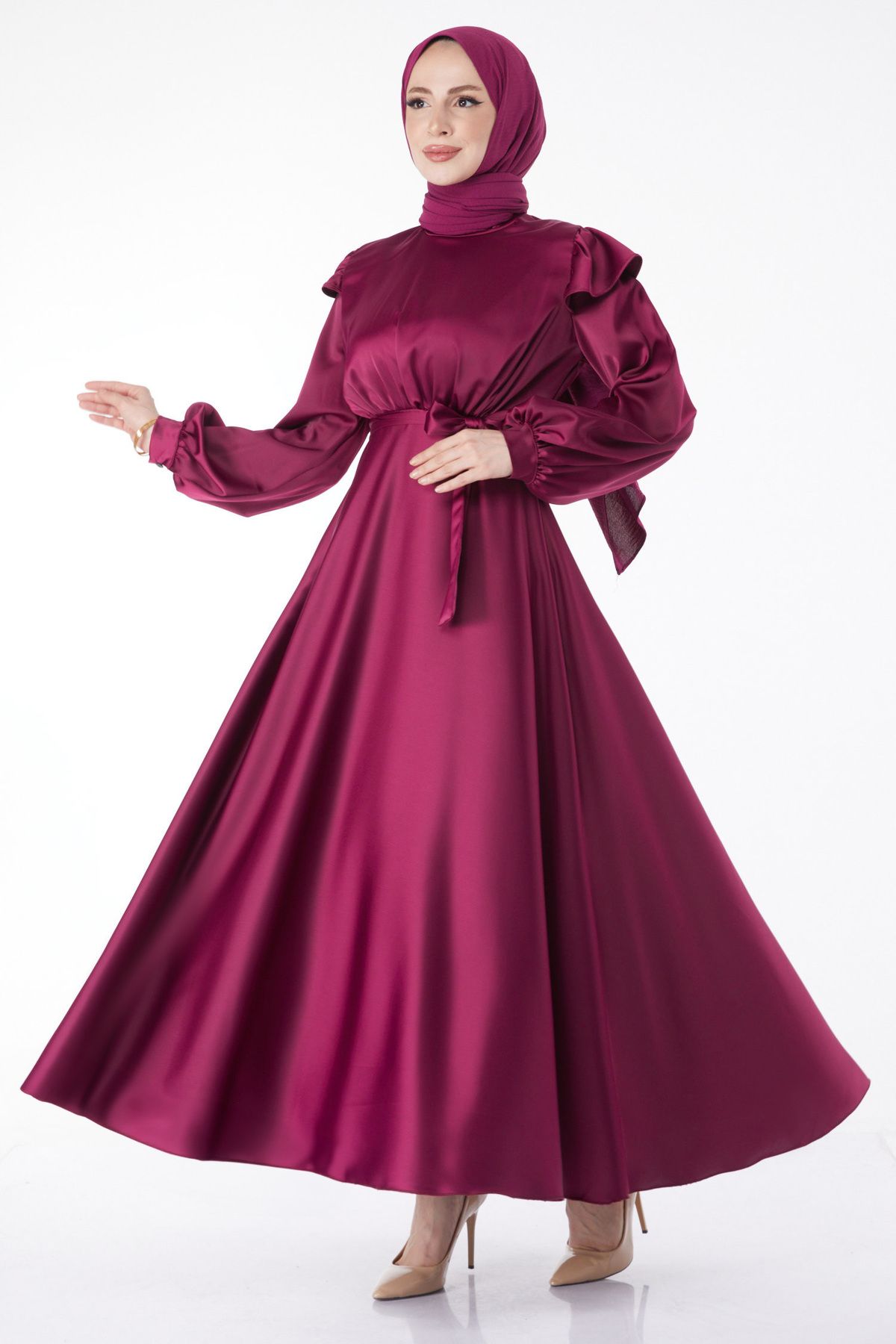 TOFİSA Düz Hakim Yaka Kadın Mor Prenses Kol Abiye Elbise - 24887
