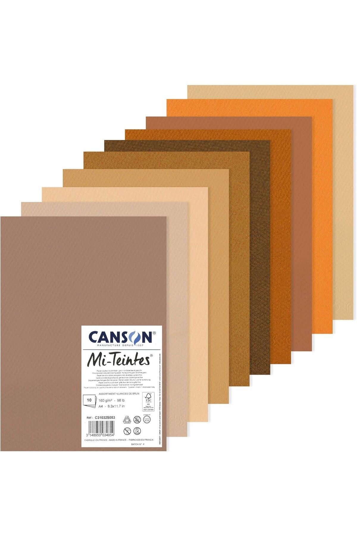 Canson Mi-Teintes 160gr A4 Renkli Çizim Kağıt Petek ve İnce Dokulu 10 Adet Toprak (Brown) Renkler
