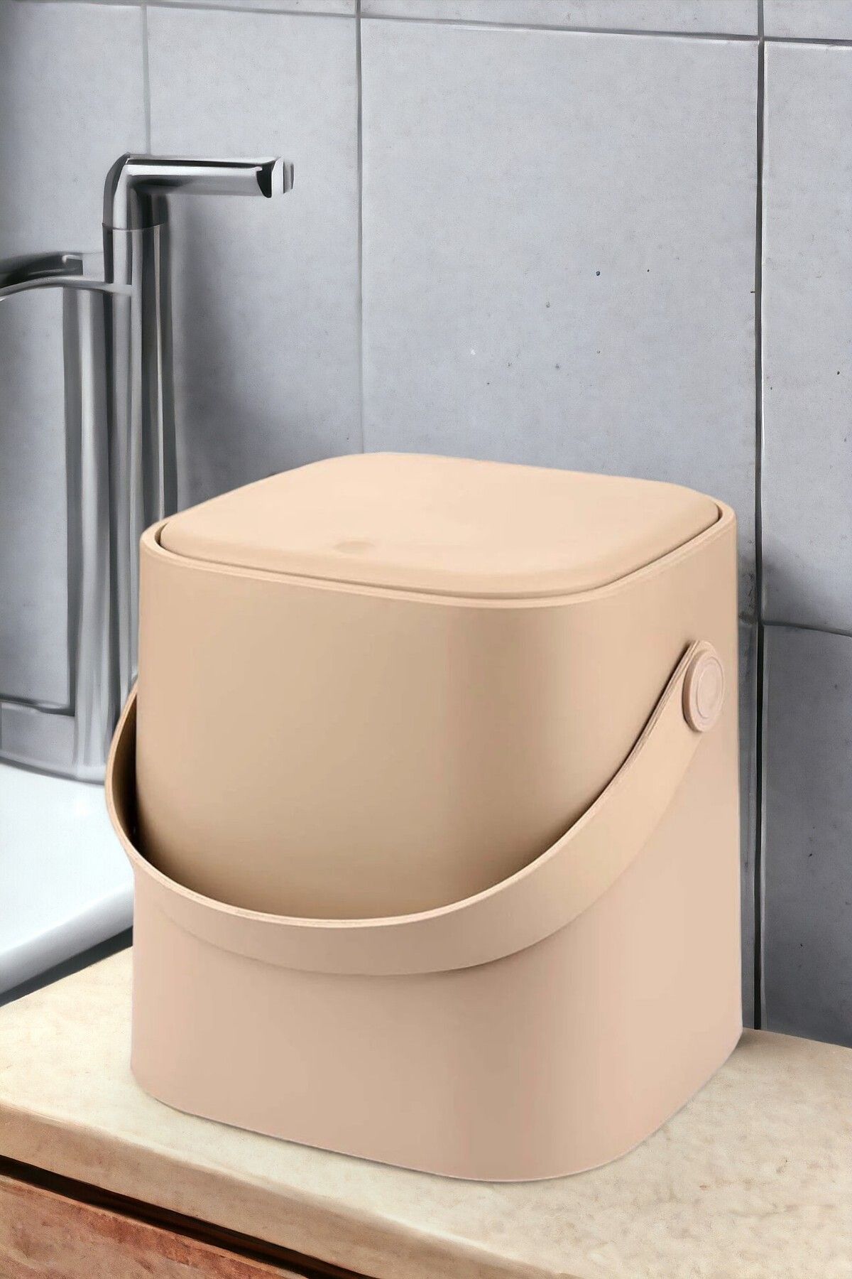 İronika Deri Saplı İç Kovalı Click Kapaklı Mutfak Banyo Tuvalet Çöp Kovası 4 LT Çöp Kutusu Kahve