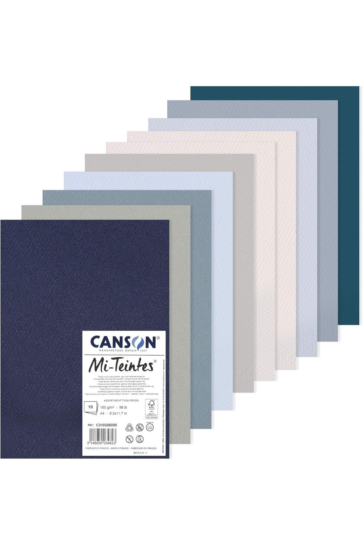 Canson Mi-Teintes 160gr A4 Renkli Çizim Kağıt Çift Taraflı Petek ve İnce Taneli 10 Soğuk Renkler