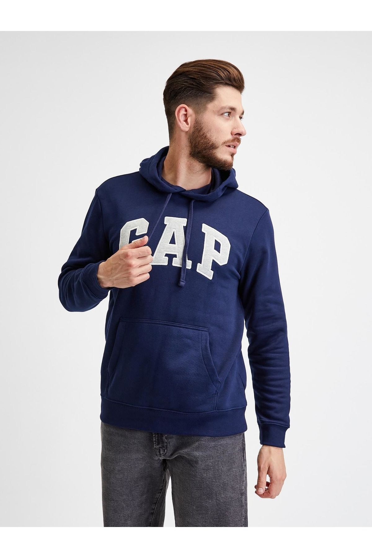 GAP Erkek Lacivert Gap Logo Kapüşonlu Sweatshirt