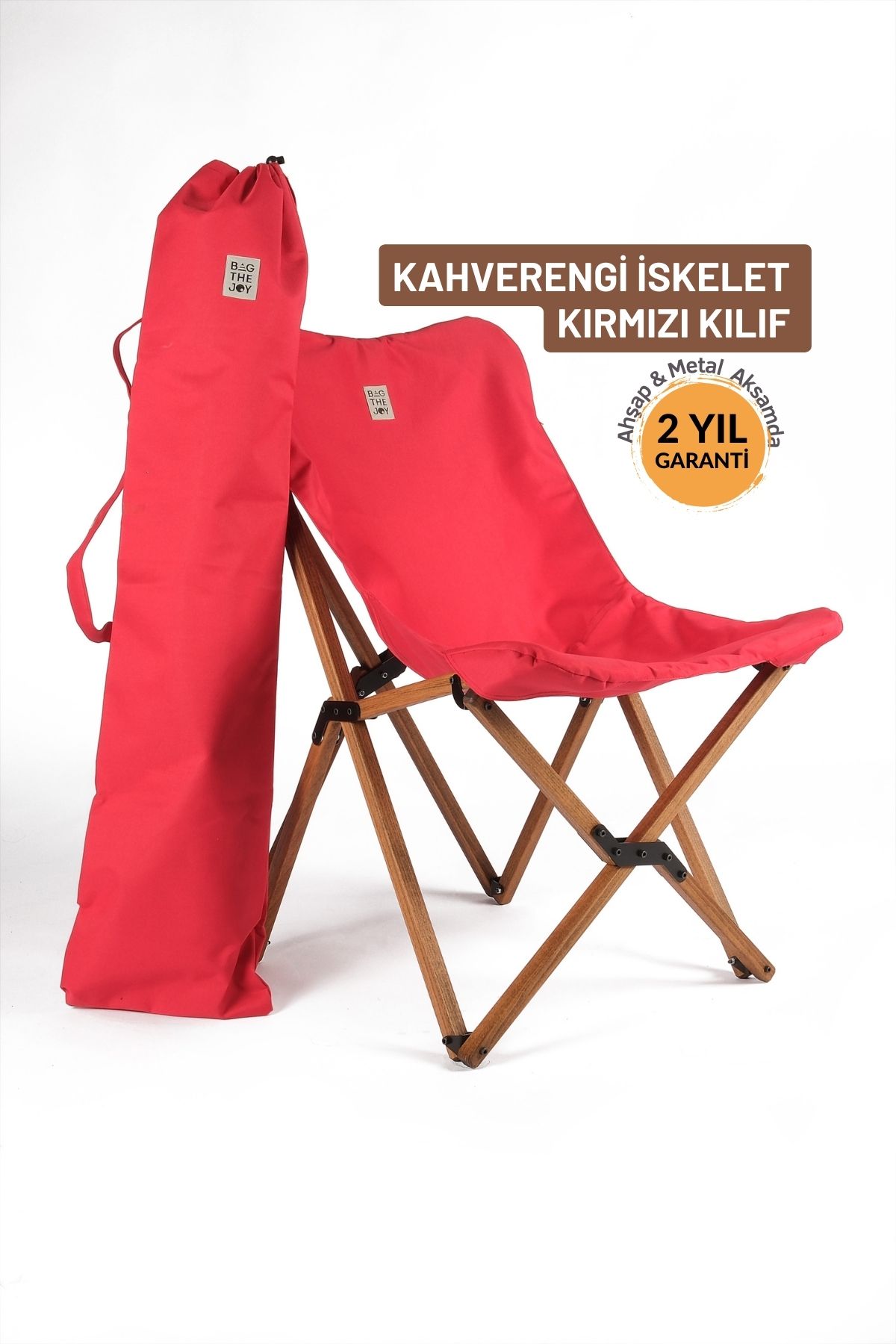 Bag The Joy Ahşap Katlanır Kamp & Bahçe Sandalyesi – Kahverengi Iskelet - Kırmızı Kılıf