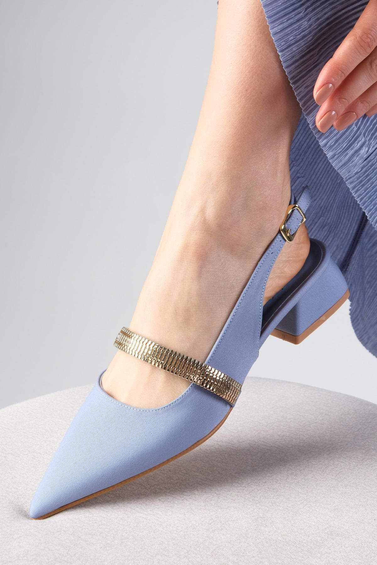Mio Gusto Laura Mavi Renk Arkası Açık Mat Saten Kumaş Kadın Kısa Topuklu Ayakkabı