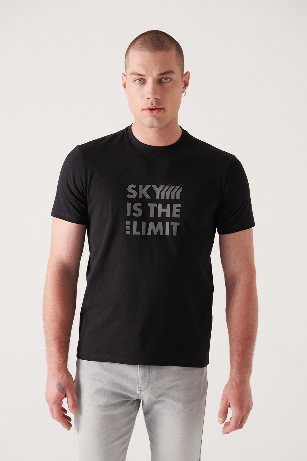 Avva Erkek Siyah Bisiklet Yaka Baskılı T-shirt A21y1104