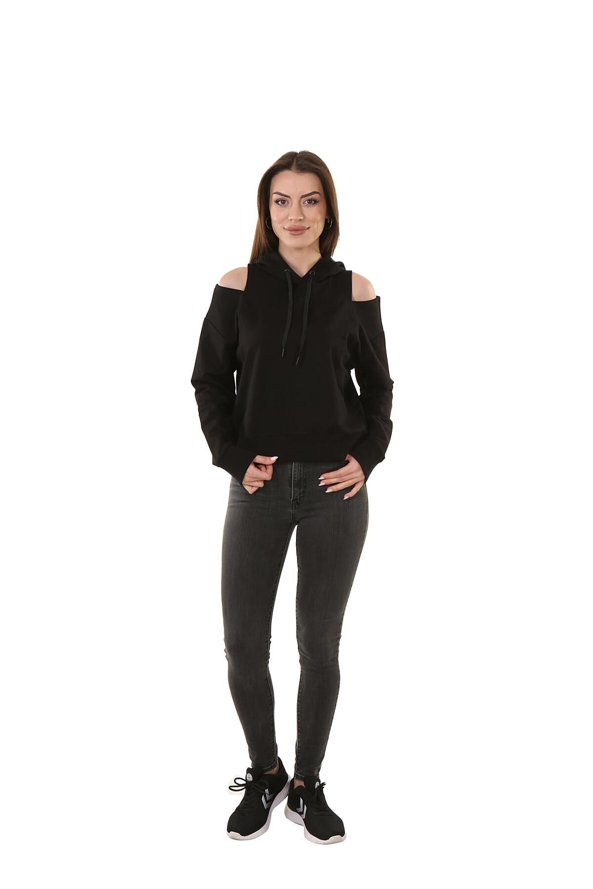 GRAB Kadın Kapüşonlu Omuz Detaylı Siyah Sweatshirts