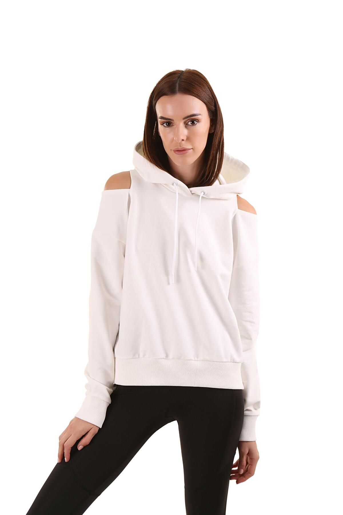 GRAB Kadın Kapüşonlu Omuz Detaylı Beyaz Sweatshirts