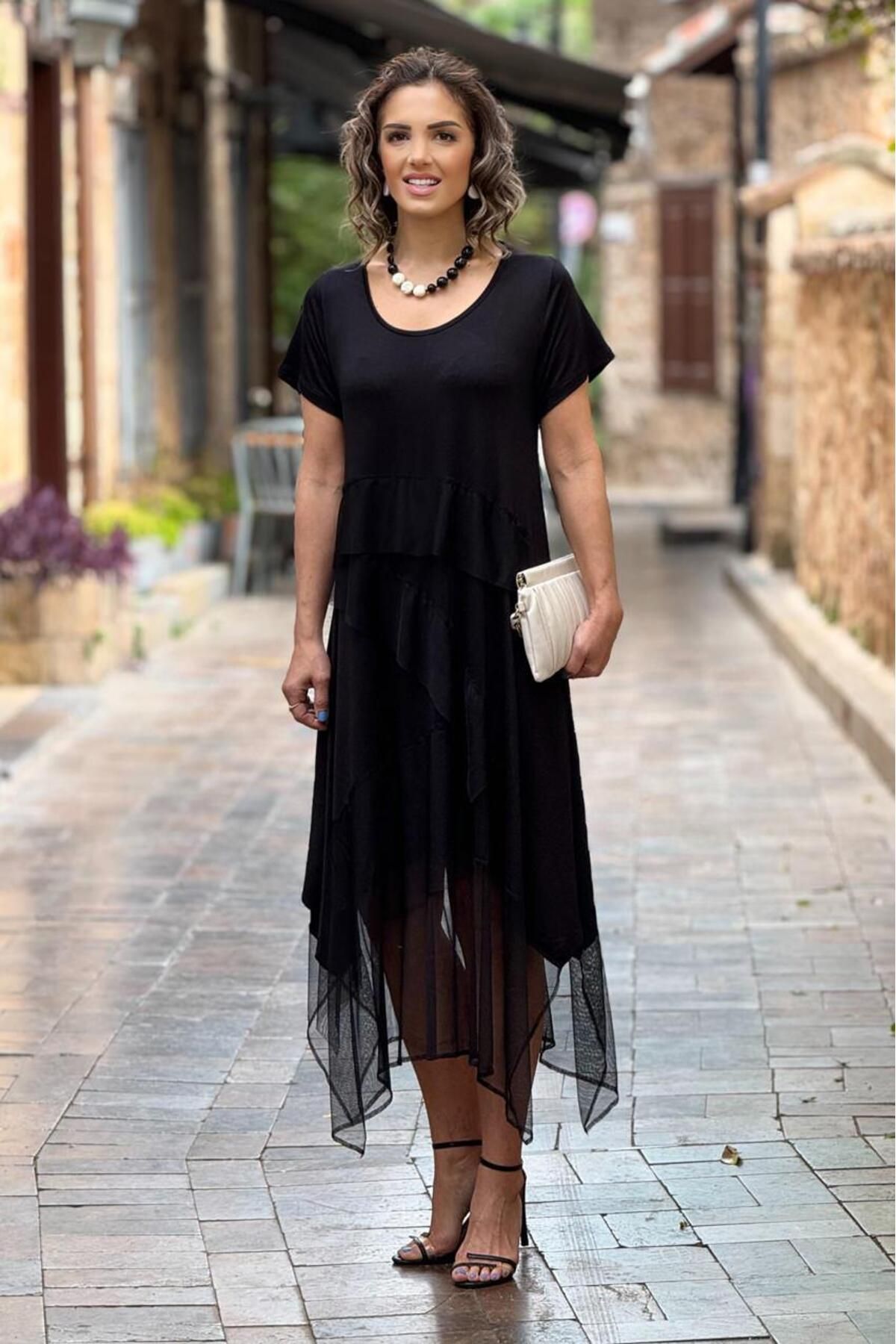 Nevin Kaya Moda Siyah Kısa Kollu Yazlık Kilolari Gizleyen Gotik Elbise