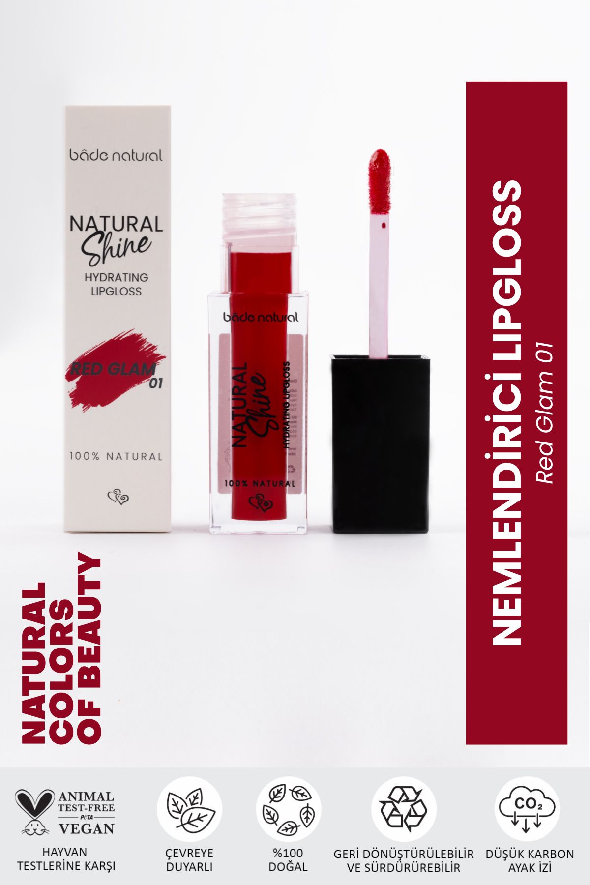 Bade Natural Nemlendirici Lipgloss Red Glam 01 Dudak Parlatıcısı %100 Doğal