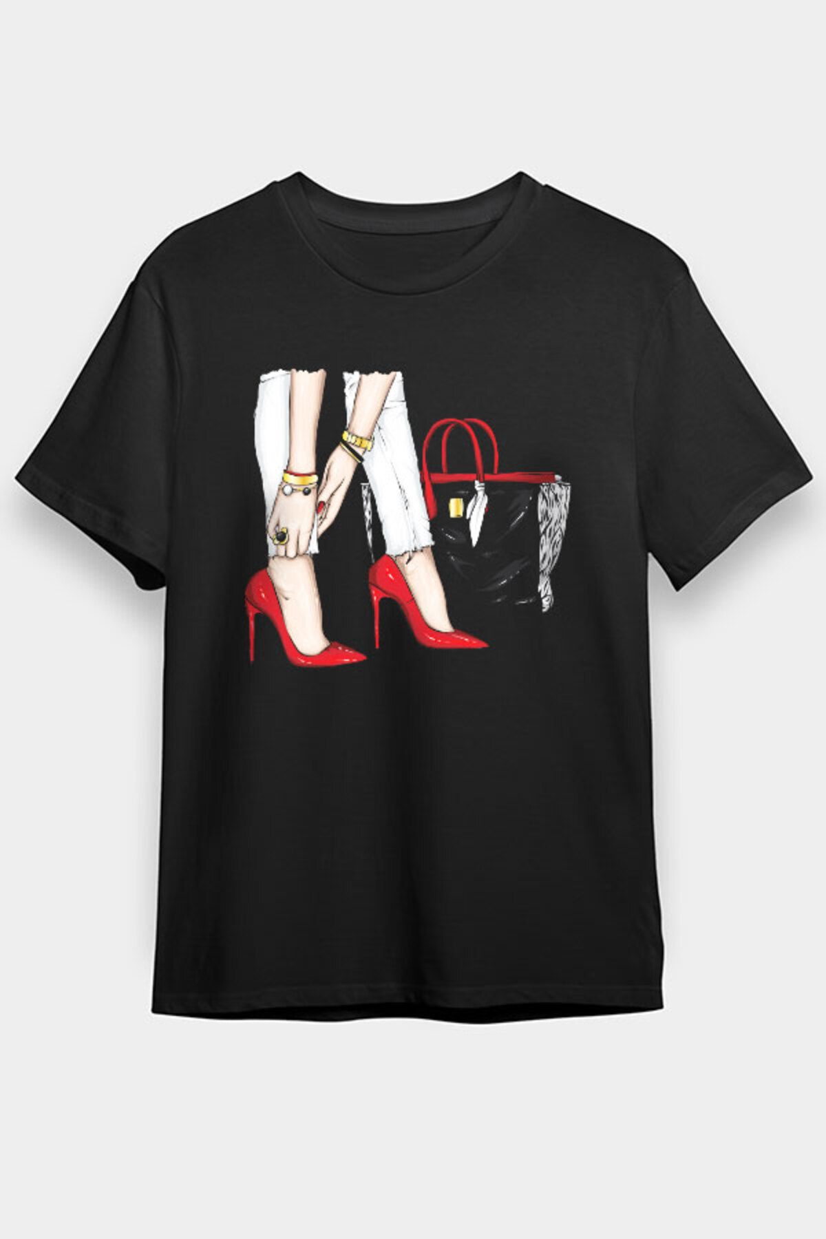Darkhane Kırmızı Stiletto ve Çanta Fashion Siyah Unisex Tişört T-Shirt