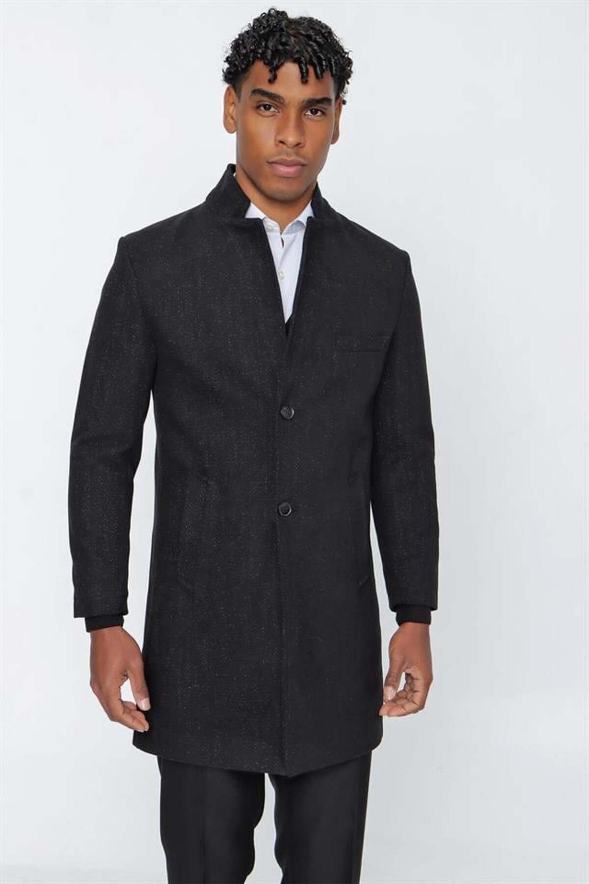İmza Siyah Kaşe Hakim Yaka Desenli Yünlü Yırtmaçlı Astarlı Slim Fit Dar Kesim Klasik Palto 1005225153