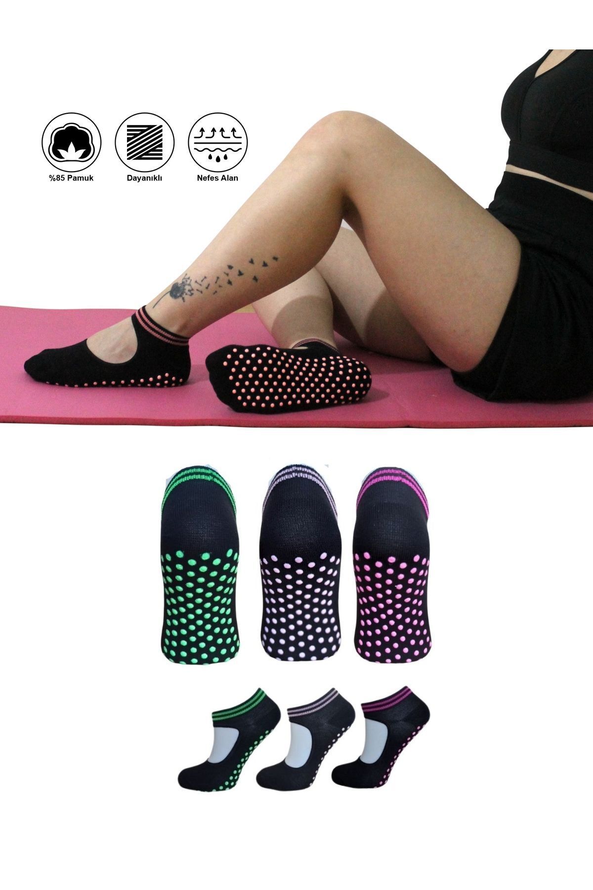 KBS 3 Çift Pamuklu Renkli Kaymaz Taban Silikon Baskılı Yoga Fitness Pilates Ve Aktivite Kadın Çorabı