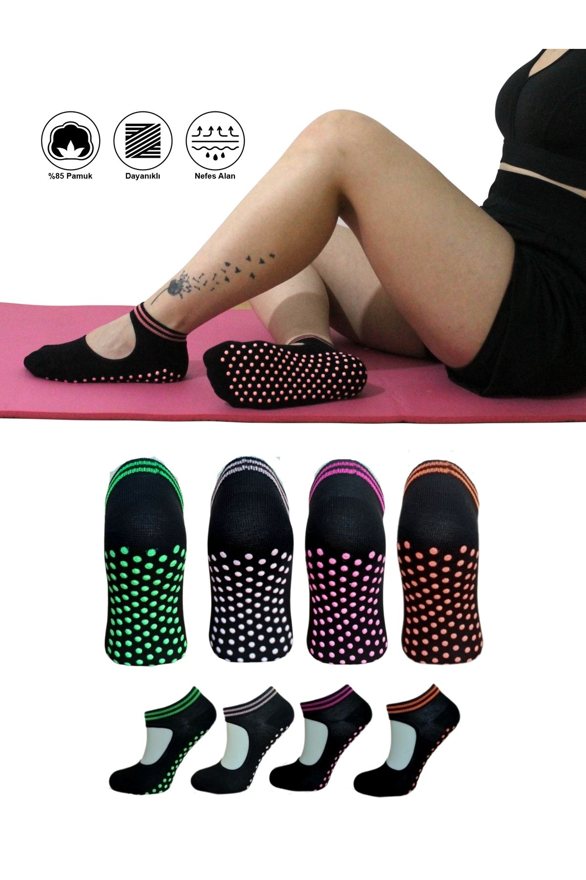 KBS 4 Çift Pamuklu Renkli Kaymaz Taban Silikon Baskılı Yoga Fitness Pilates Ve Aktivite Kadın Çorabı