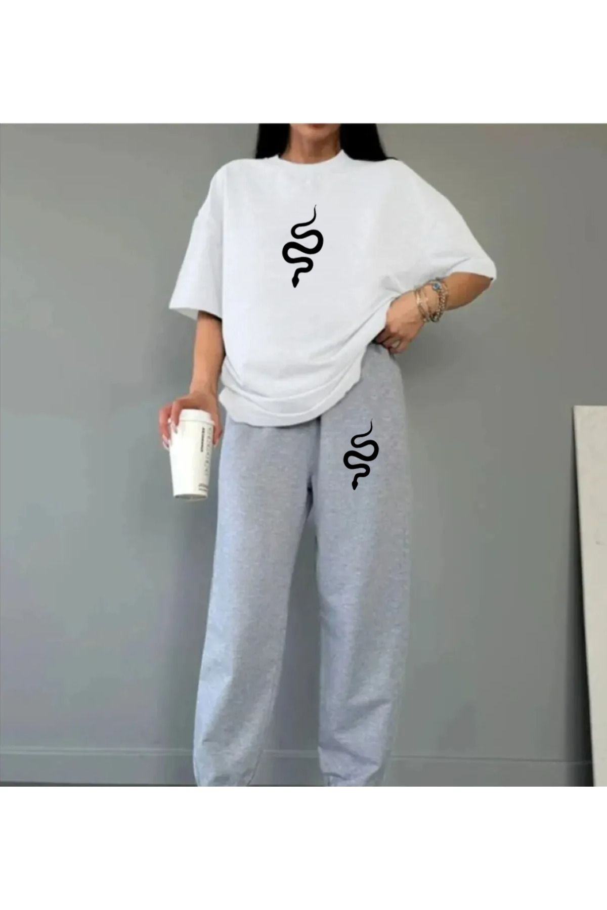 ALEGORİ Kadın Yılansss Özel Baskılı Renkli Pamuklu Oversize Jogger T-shirt  Alt Üst Takım