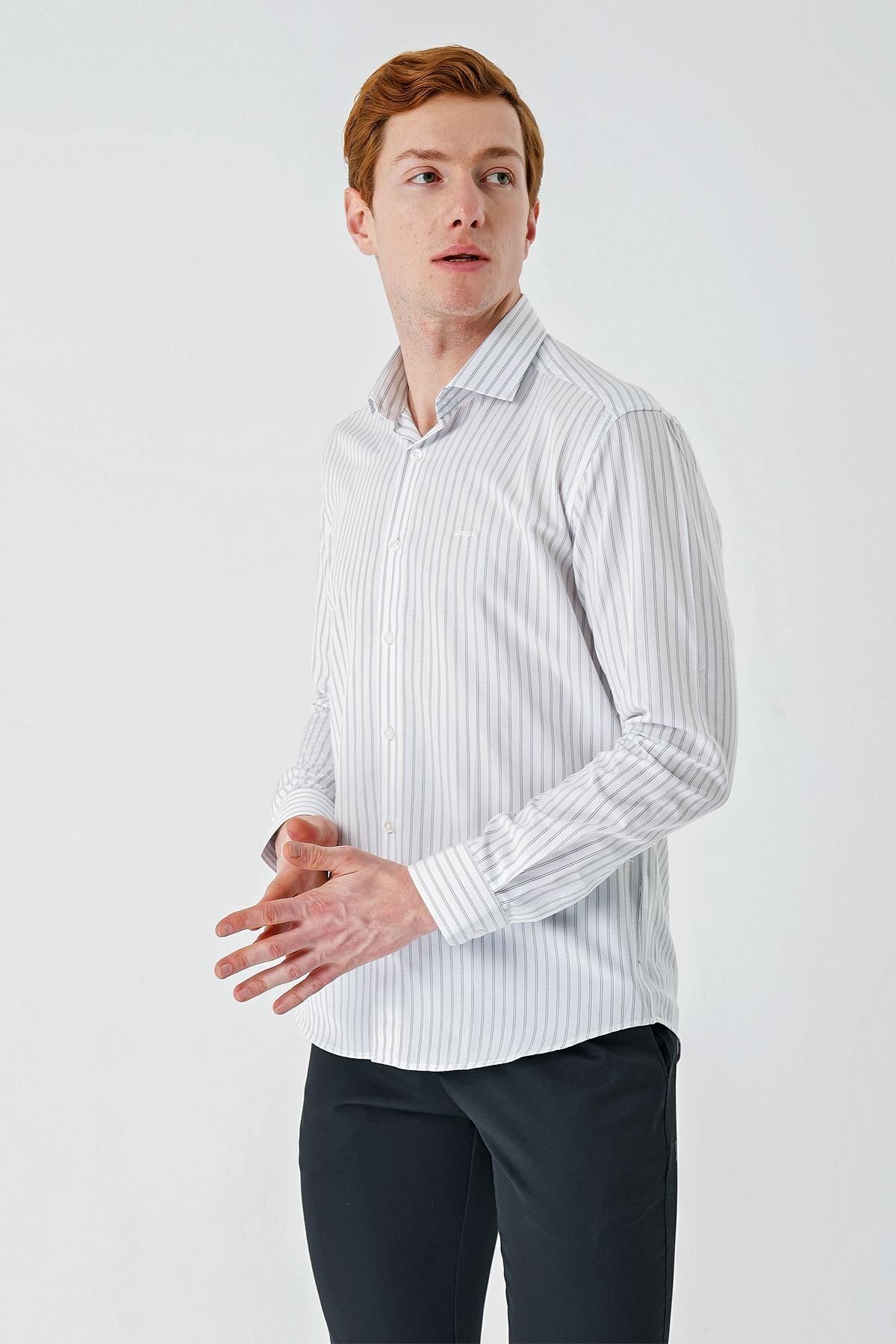 İmza Beyaz Uzun Kollu Çizgili Armürlü Cepsiz Pamuklu Klasik Slim Fit Dar Kesim Gömlek 1004240229