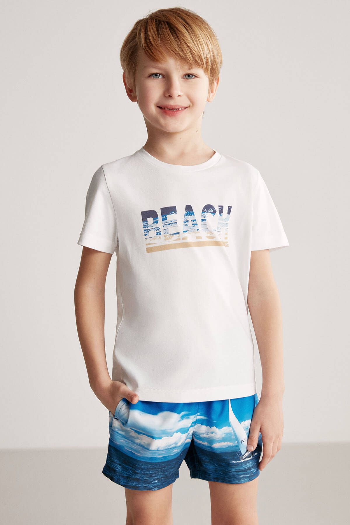 Hemington Beach Baskılı Beyaz Pima Pamuk Çocuk T-shirt