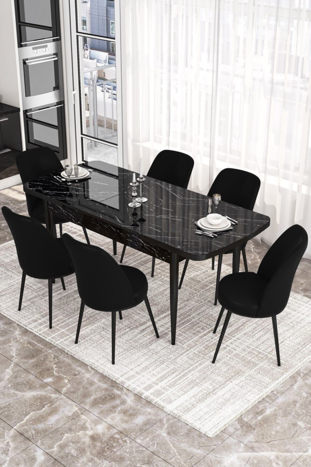 Canisa Concept Canisa Via Serisi Açılabilir Siyah Mermer Desenli Masa +6 Siyah Sandalye