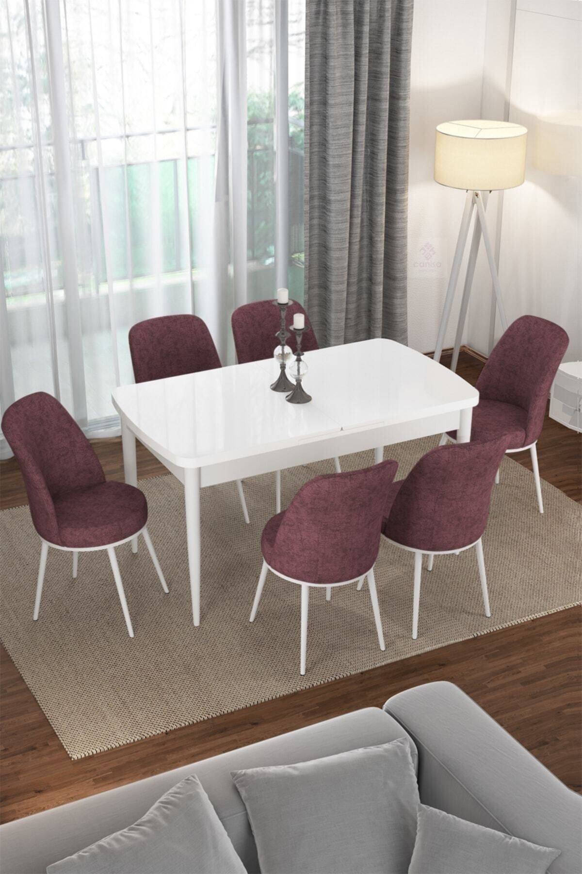 Canisa Concept Via Serisi 80x132 Beyaz Mutfak Masası Takımı Ve 6 Gülkurusu Sandalye