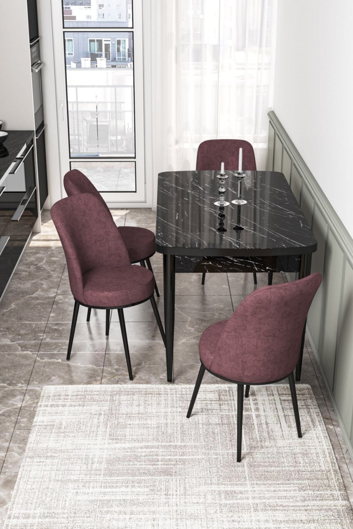 Canisa Concept Via' Serisi Açılabilir Mutfak Masası Takımı-siyah Masa 4 Adet Gülkurusu Sandalye