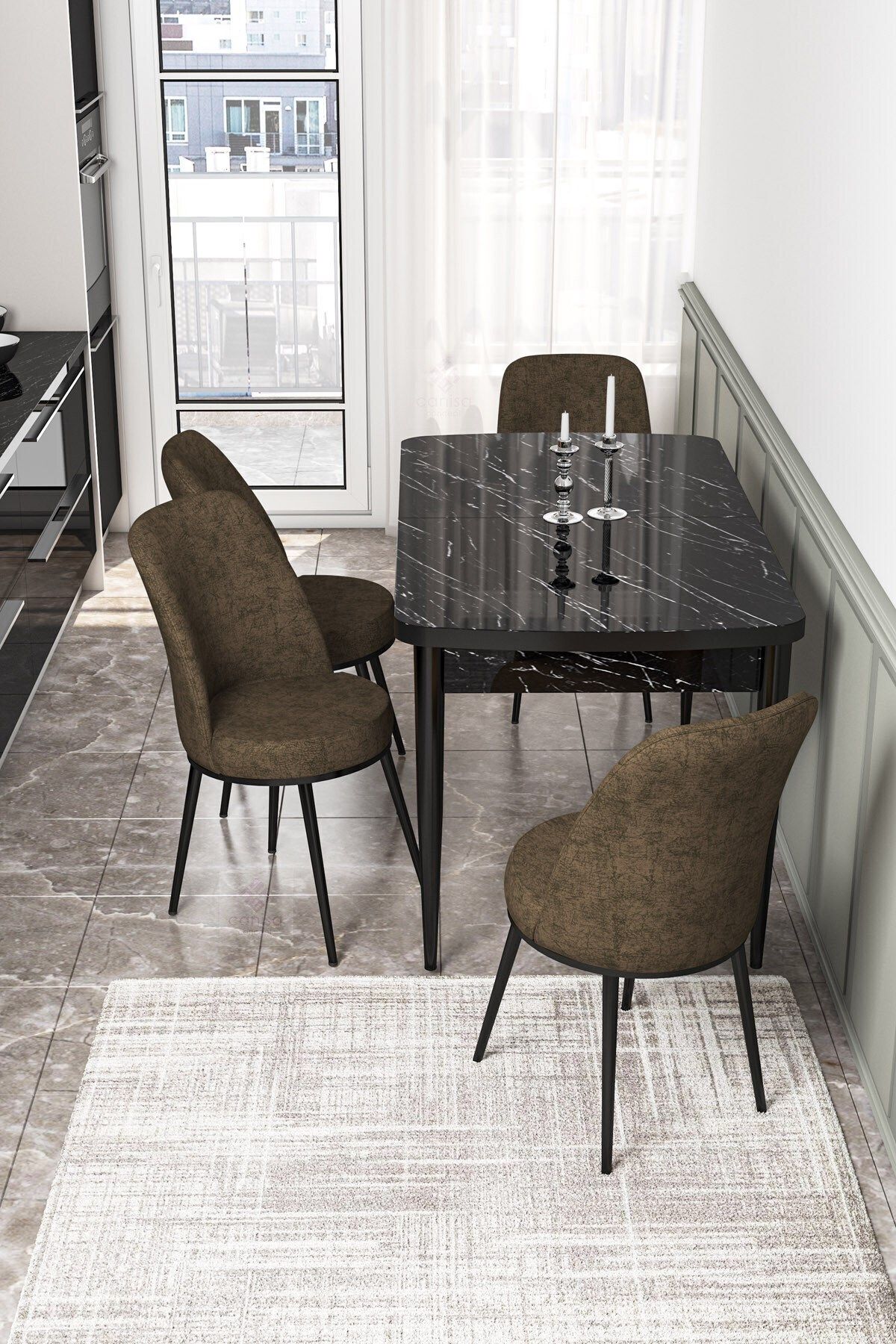 Canisa Concept Via Serisi, Siyah Mermer Desen 80x132 Açılabilir Mutfak Masa Takımı, 4 Adet Kahve Sandalye
