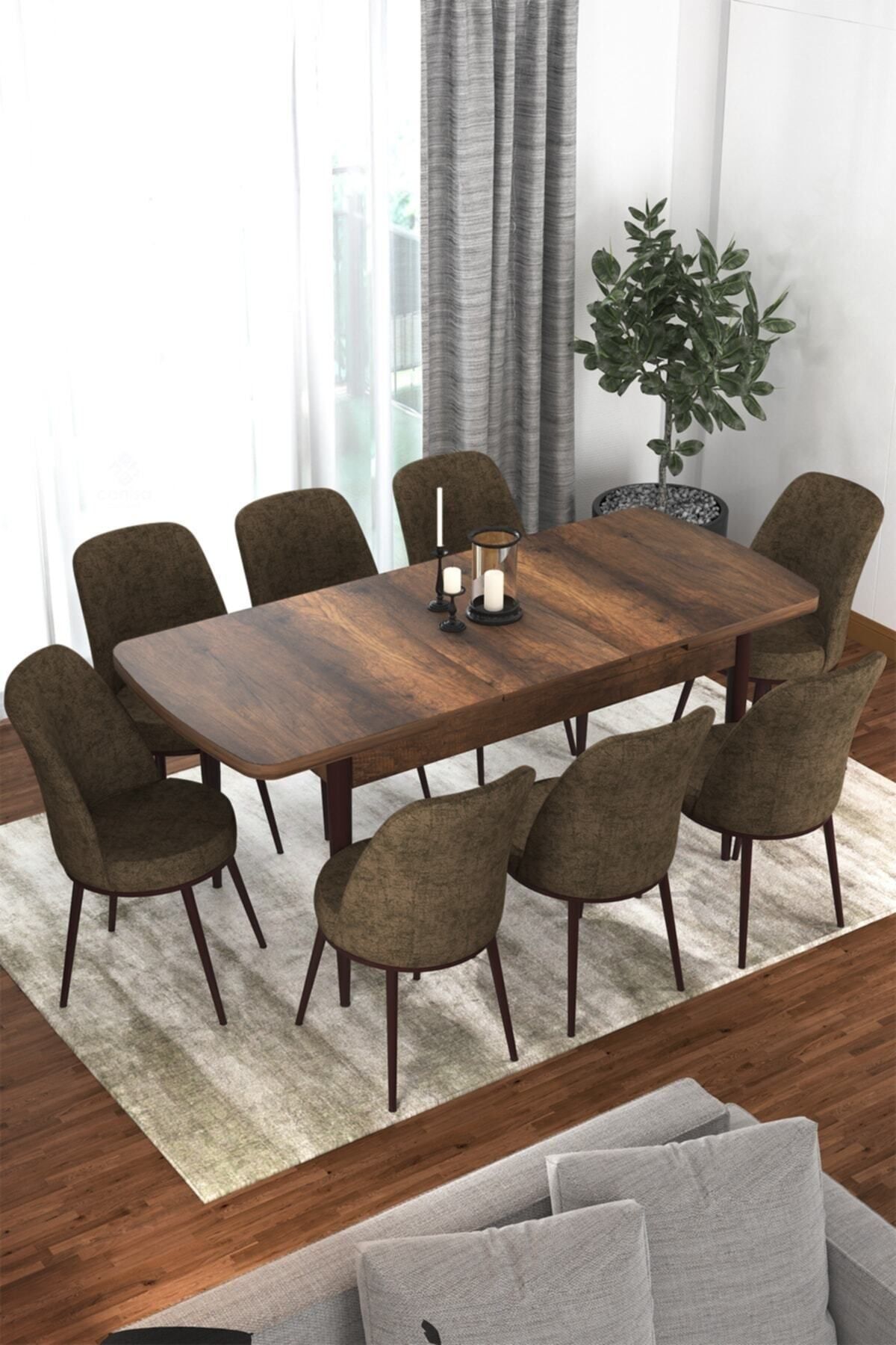 Canisa Concept Via Serisi Açılabilir Barok Ahşap Desenli Mutfak Masası Takımı Yemek Masası+8 Kahverengi Sandalye