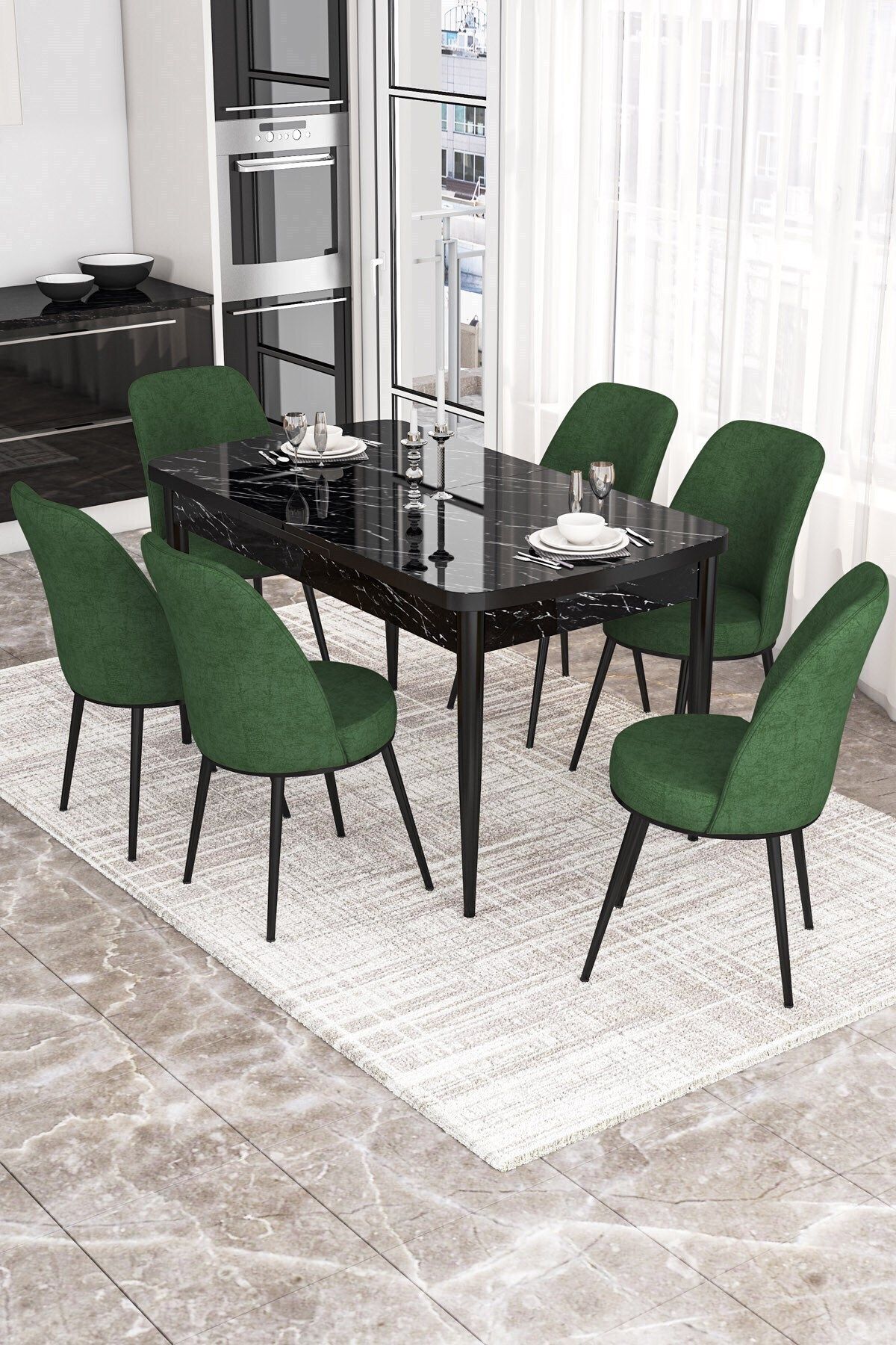 Canisa Concept Via Serisi, Siyah Mermer Desen 80x132 Açılabilir Mutfak Masa Takımı, 6 Yeşil Sandalye