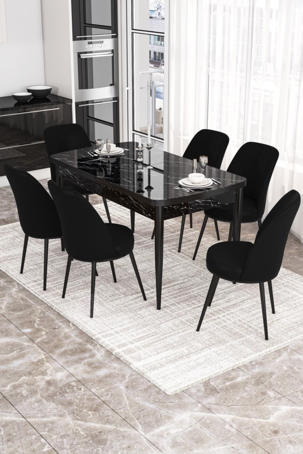 Canisa Concept Via Serisi, 80x132 Cm Açılabilir Siyah Mermer Desen Mutfak Masa Takımı, 6 Siyah Sandalye