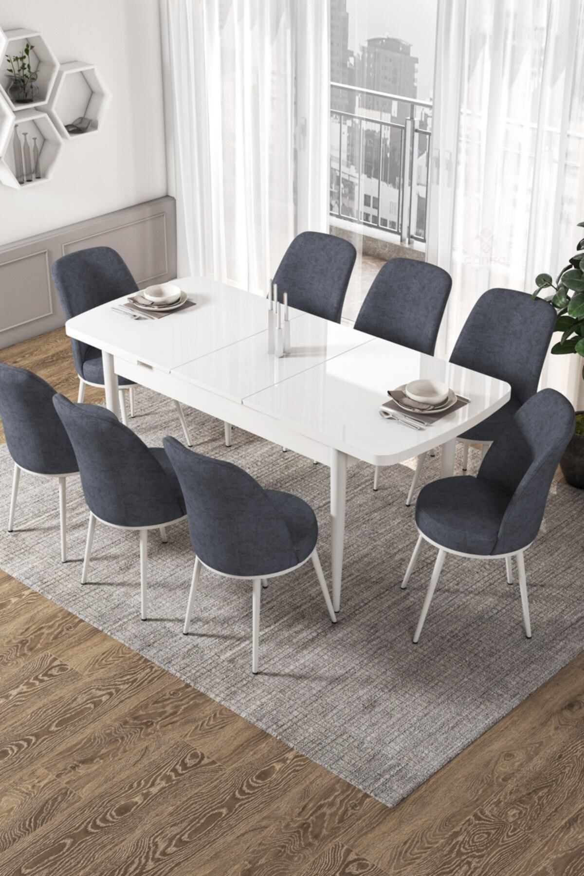 Canisa Concept Via Serisi Açılabilir Mutfak Masası Takımı-beyaz Masa+8 Adet Füme Sandalye
