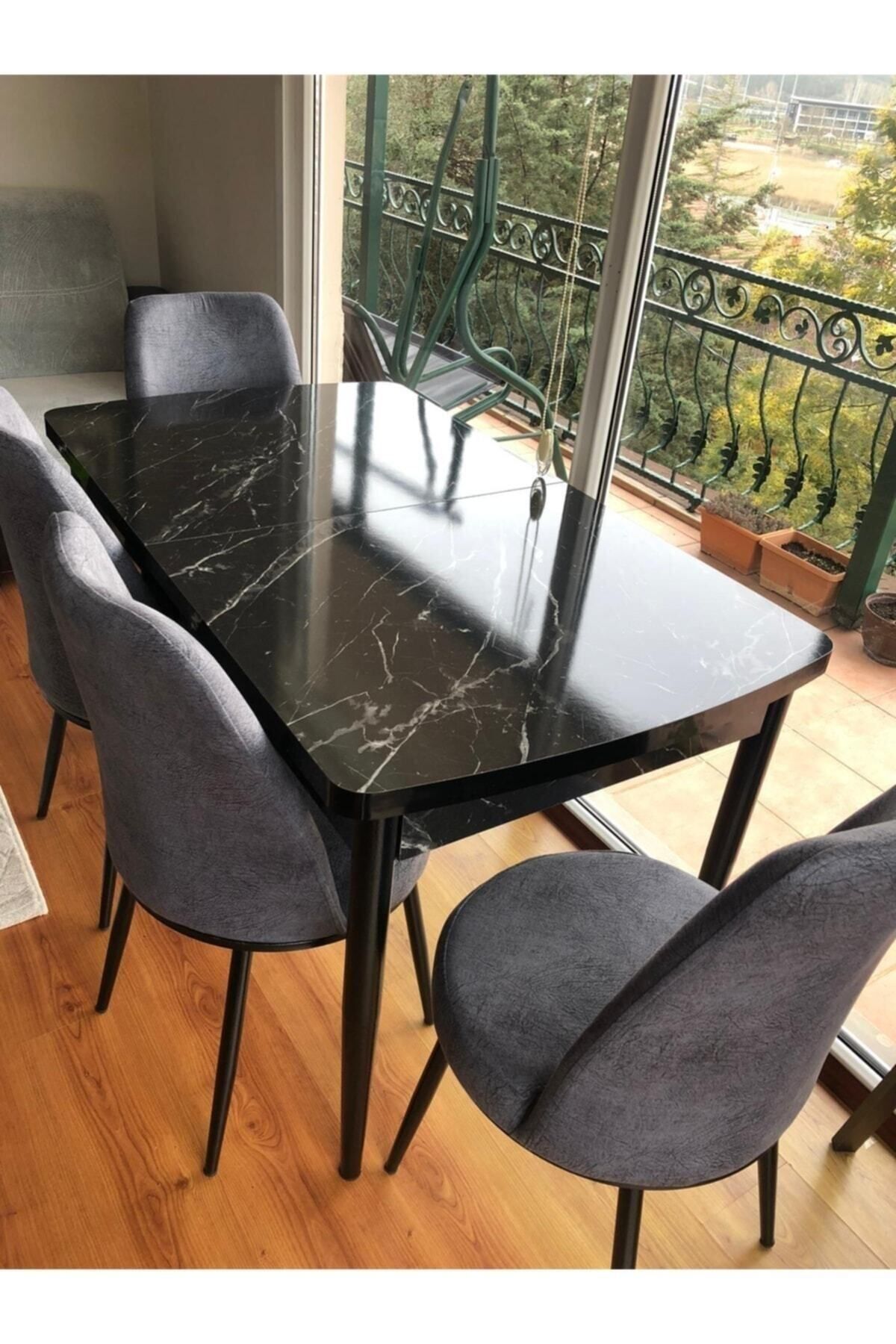 Canisa Concept Via Serisi Açılabilir Mutfak Masası Takımı-yemek Masası Takımı-siyah Masa+4 Adet Füme Sandalye