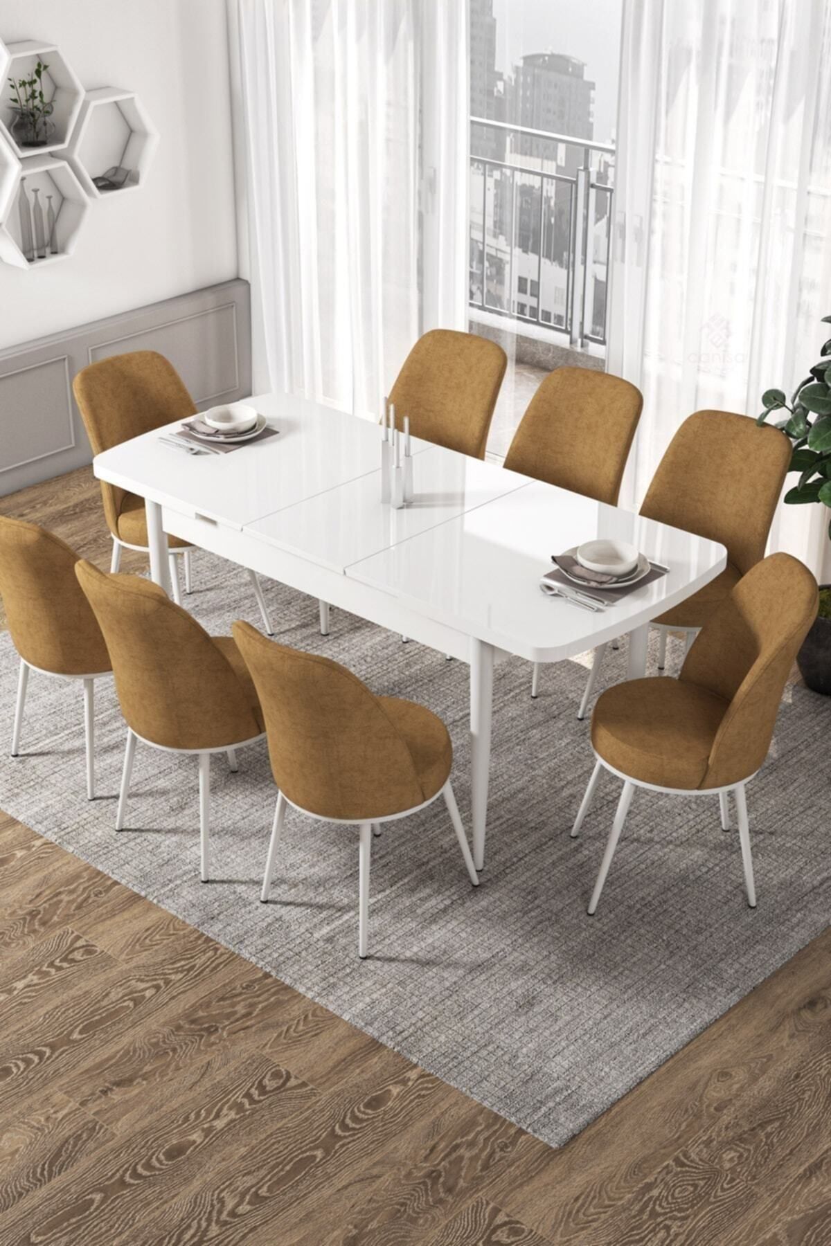 Canisa Concept Via Serisi Açılabilir Mutfak Masası Takımı-beyaz Masa+8 Adet Cappucino Sandalye