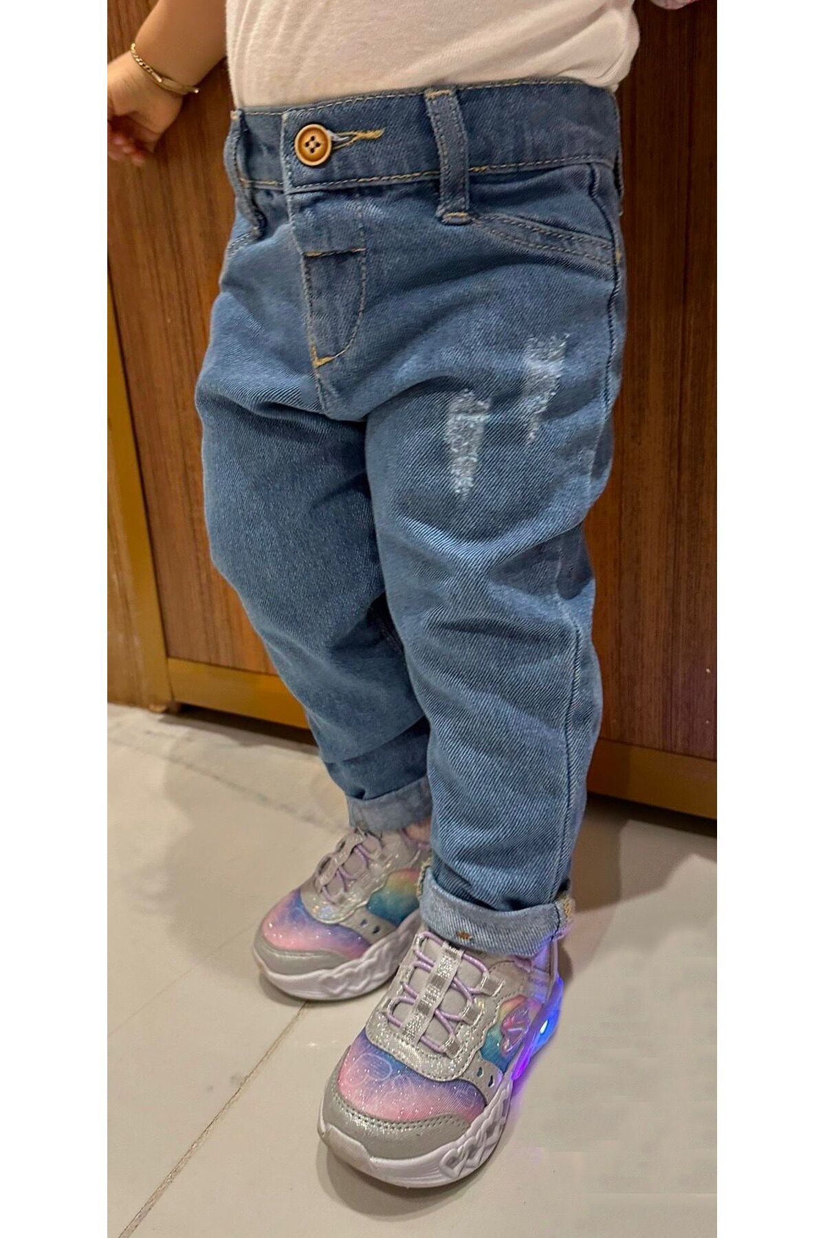 minny max Çocuk Jean Denim Pantolon Yıpratma Detaylı Beli Ayarlanabilir Lastikli