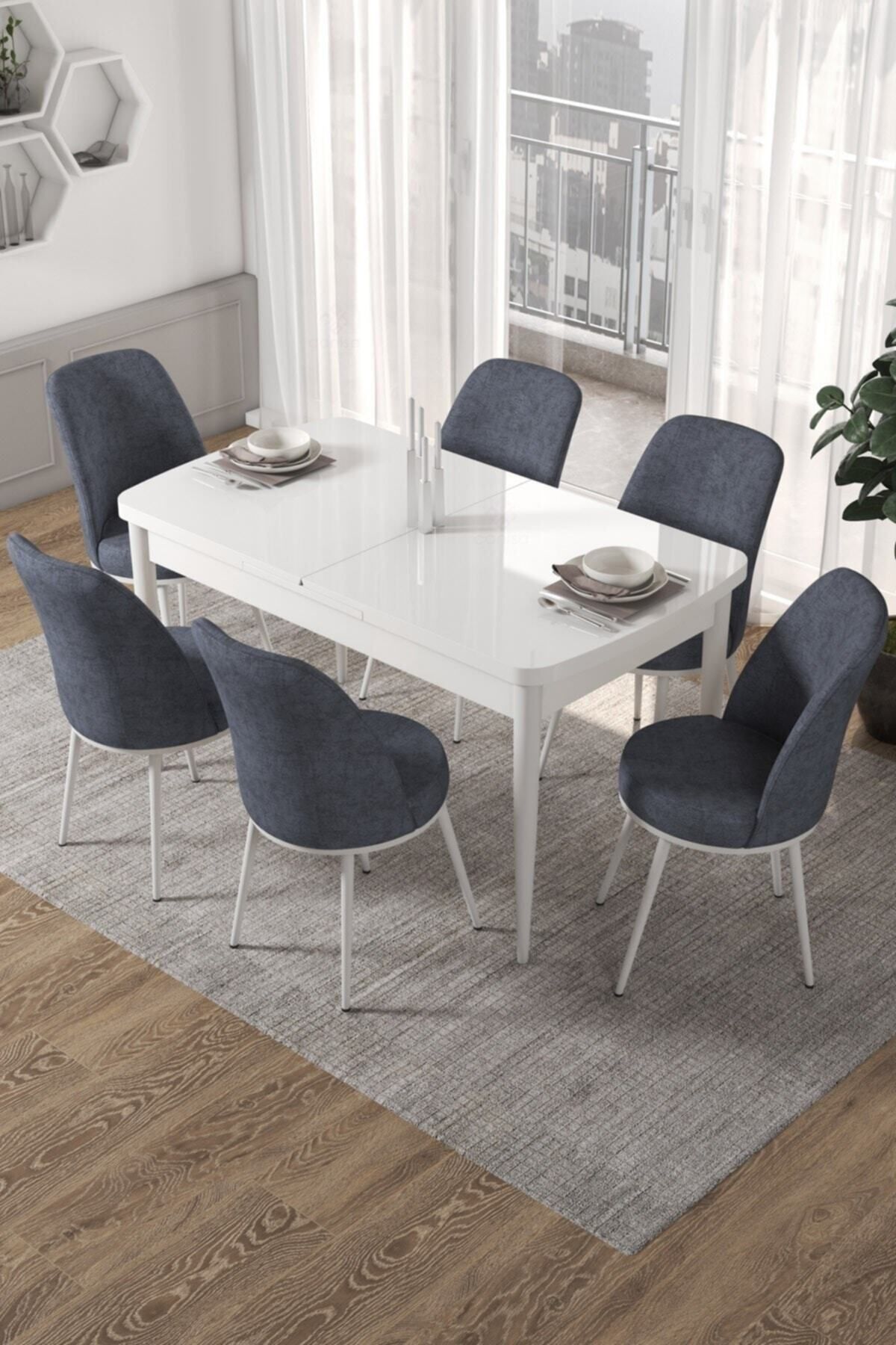 Canisa Concept Via Serisi, 80x132 Açılabilir Beyaz Mutfak Masa Takımı 6 Füme Sandalye